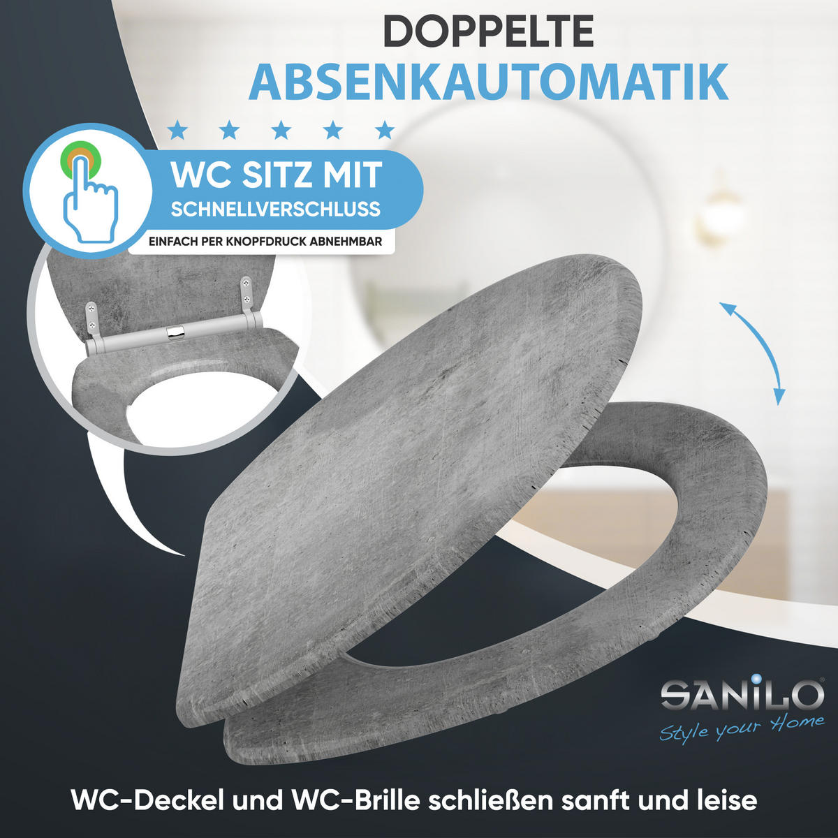 WC-SITZ mit Absenkautomatik & Top Fix Beton - Grau, Holzwerkstoff (37.7/5.5/48cm) - Sanilo