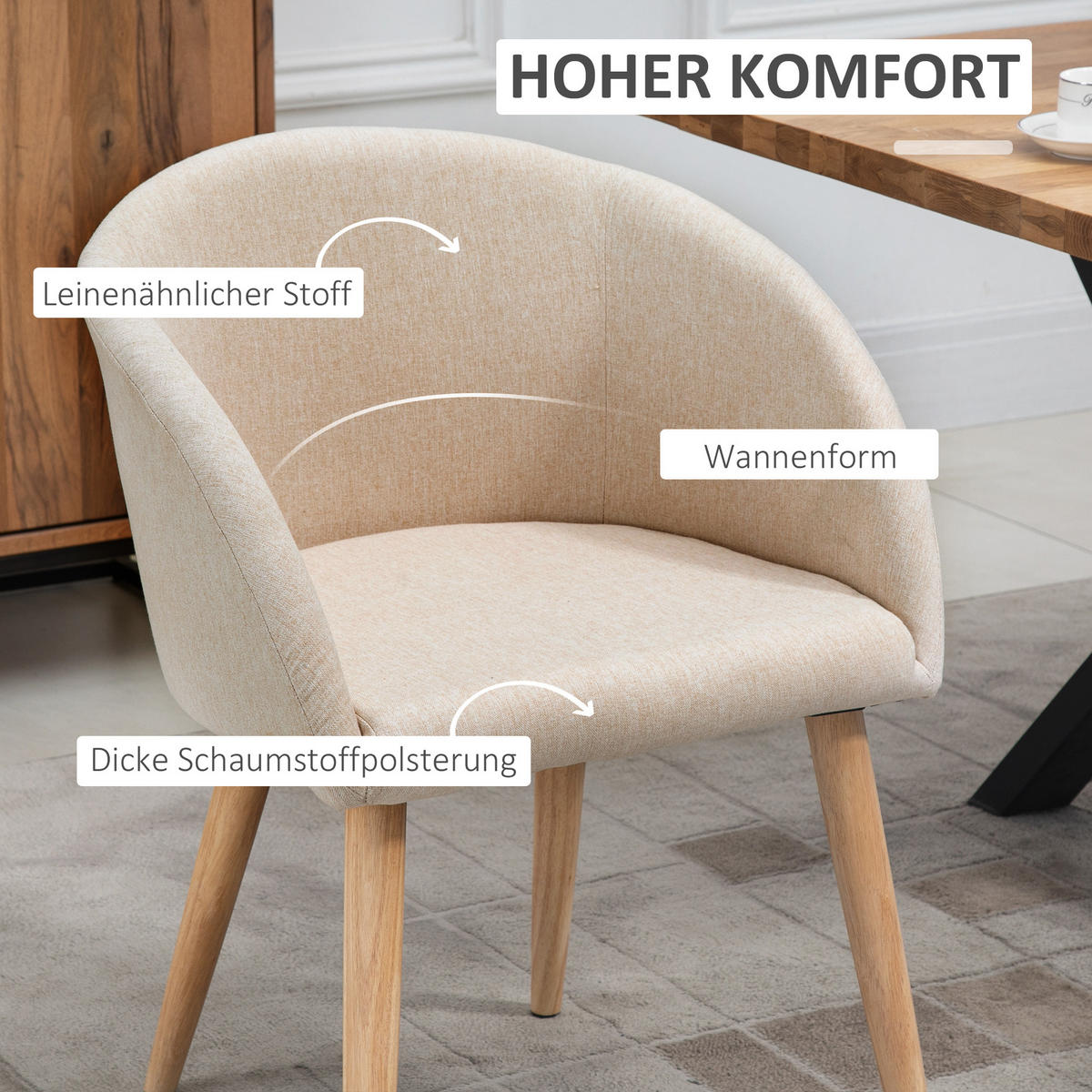 ESSZIMMERSTÜHLE 2er Set Küchenstuhl mit Rückenlehne, Leinen-Optik, Beige - Beige/Naturfarben, Holz/Textil (55/74/56cm) - HOMCOM