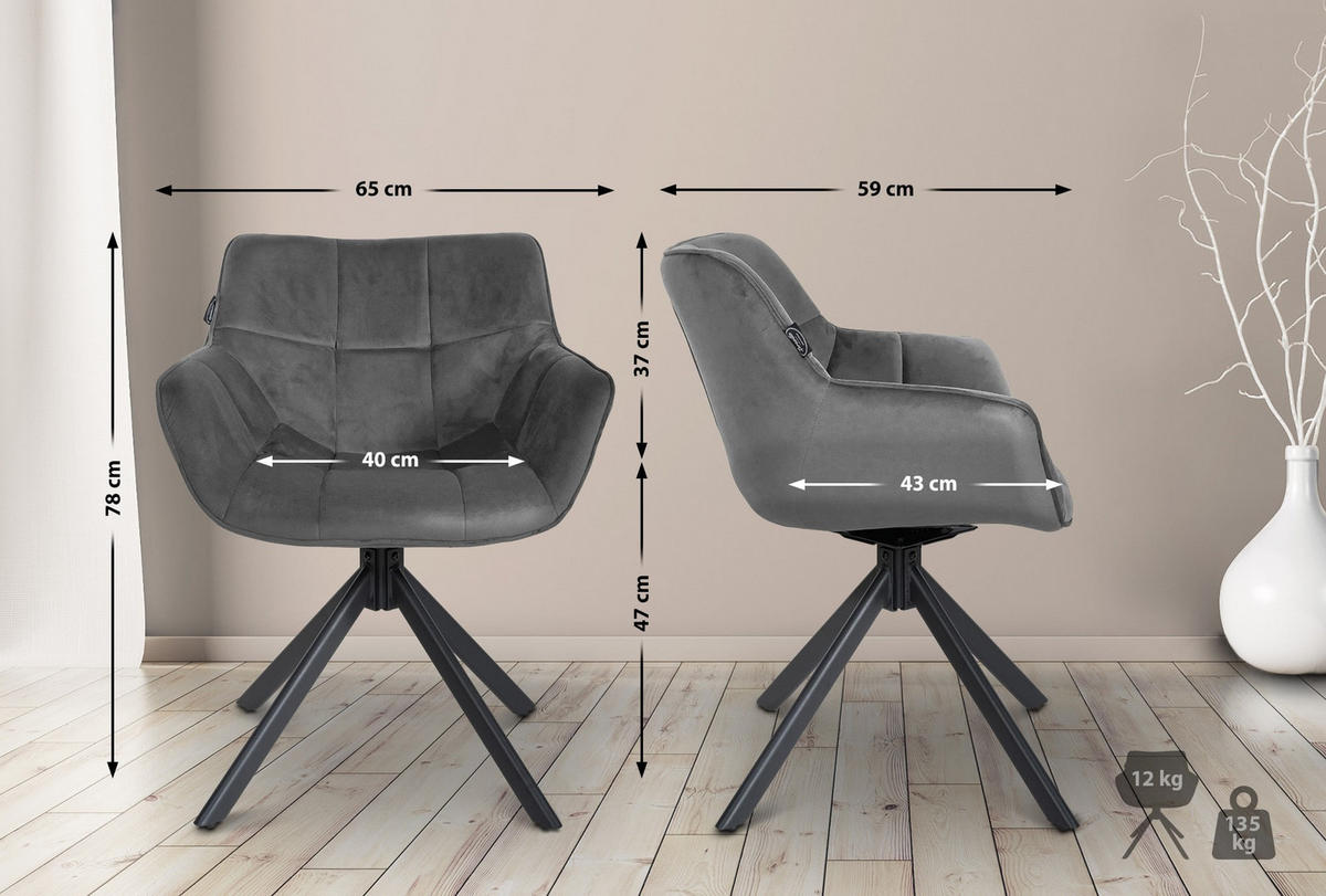STUHL Samt grau - Schwarz/Grau, Textil/Metall (65/78/59cm) - CLP