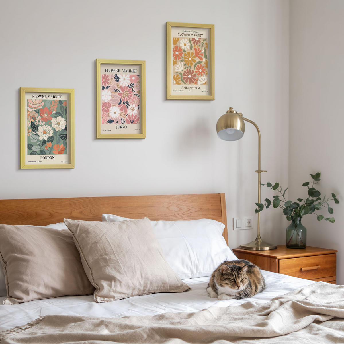 WANDBILDER 3er Set - 20x30 cm Goldrahmen - Blumenmuster London Tokio Amsterdam - Goldfarben, Kunststoff (20/30cm) - ArtPrintCave