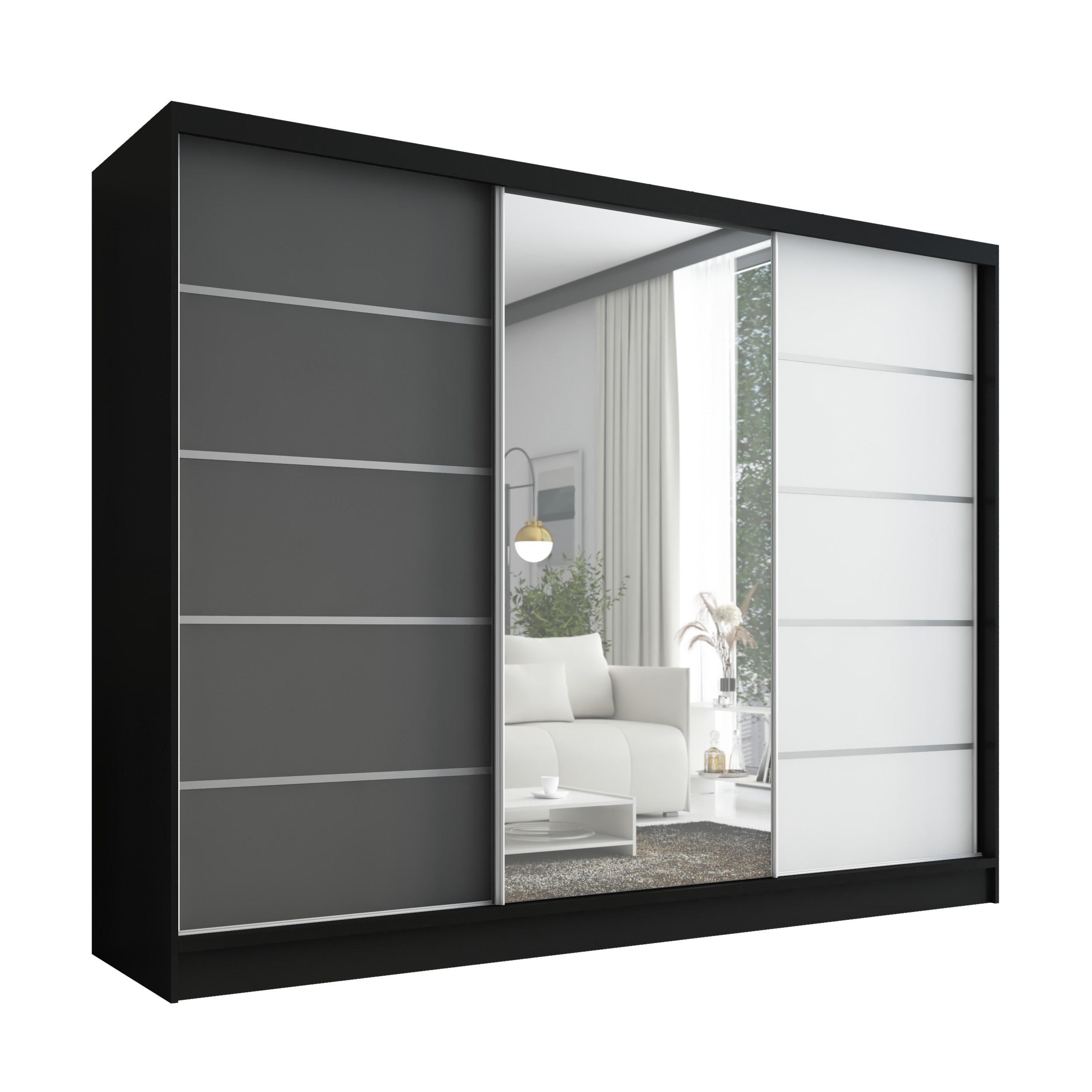 A&J MöbelLand Schwebetürenschrank Schwarz, Graphit, Weiß 200x215x60 cm