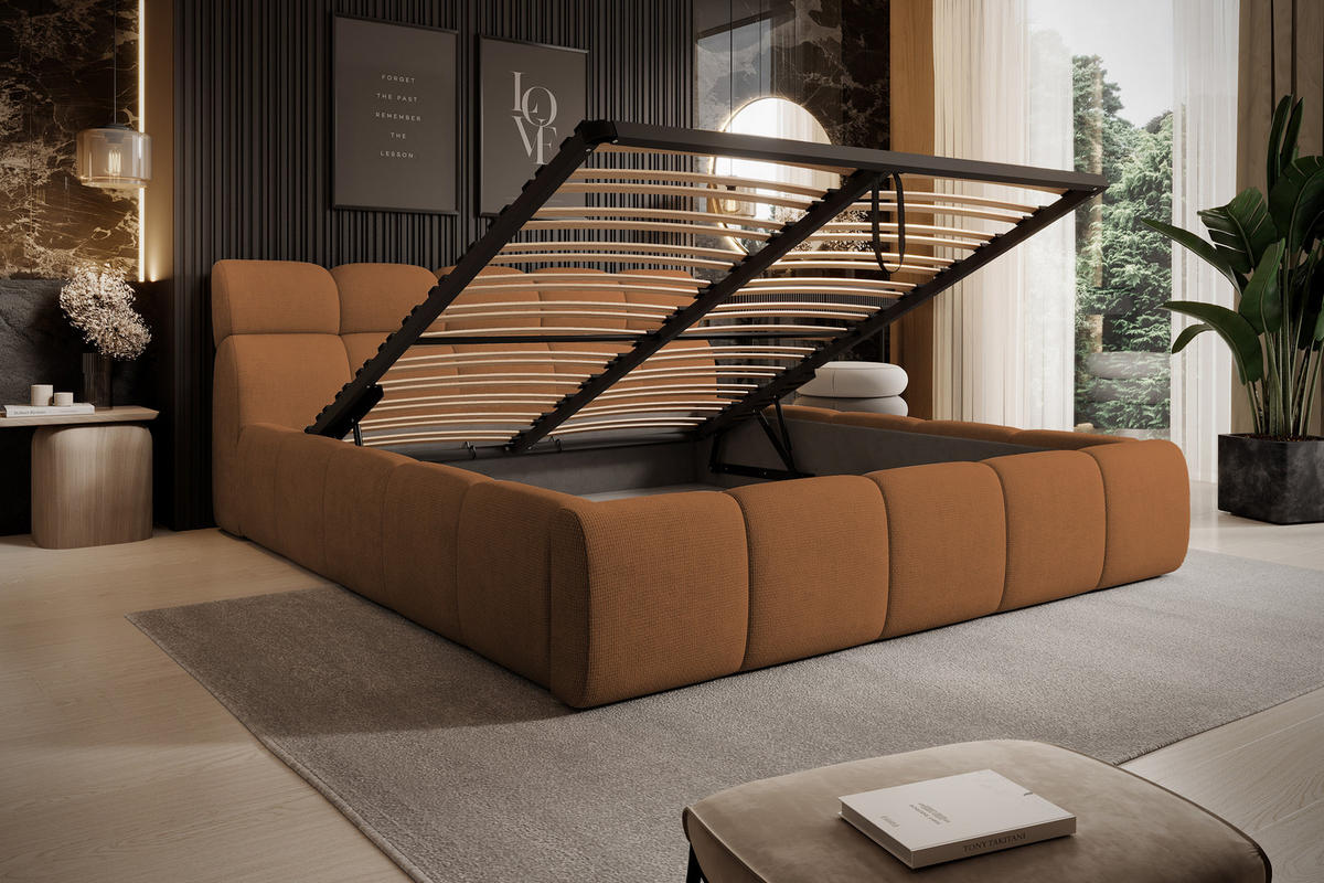 POLSTERBETT GIULIA, komfortabel, mit Bettkasten, verstellbarem Kopfteil und LED, 180x200x96 cm, Farbe Orange - Schwarz/Orange, Holzwerkstoff/Kunststoff (180/200cm) - DomoHome
