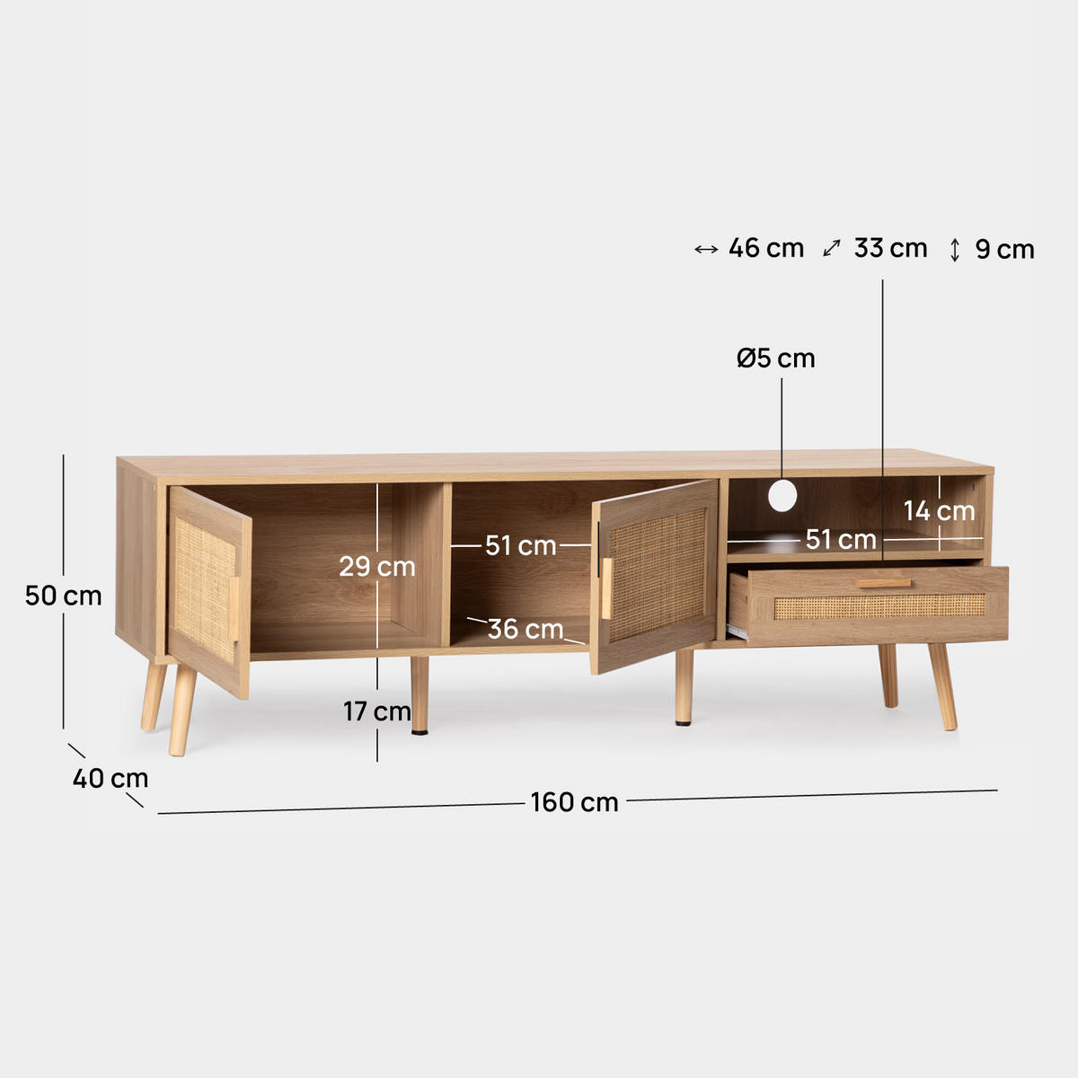 TV-ELEMENT Tahiti Natürlich 160 cm x 50 cm - Naturfarben, Holzwerkstoff (160/50/40cm) - Klast Home