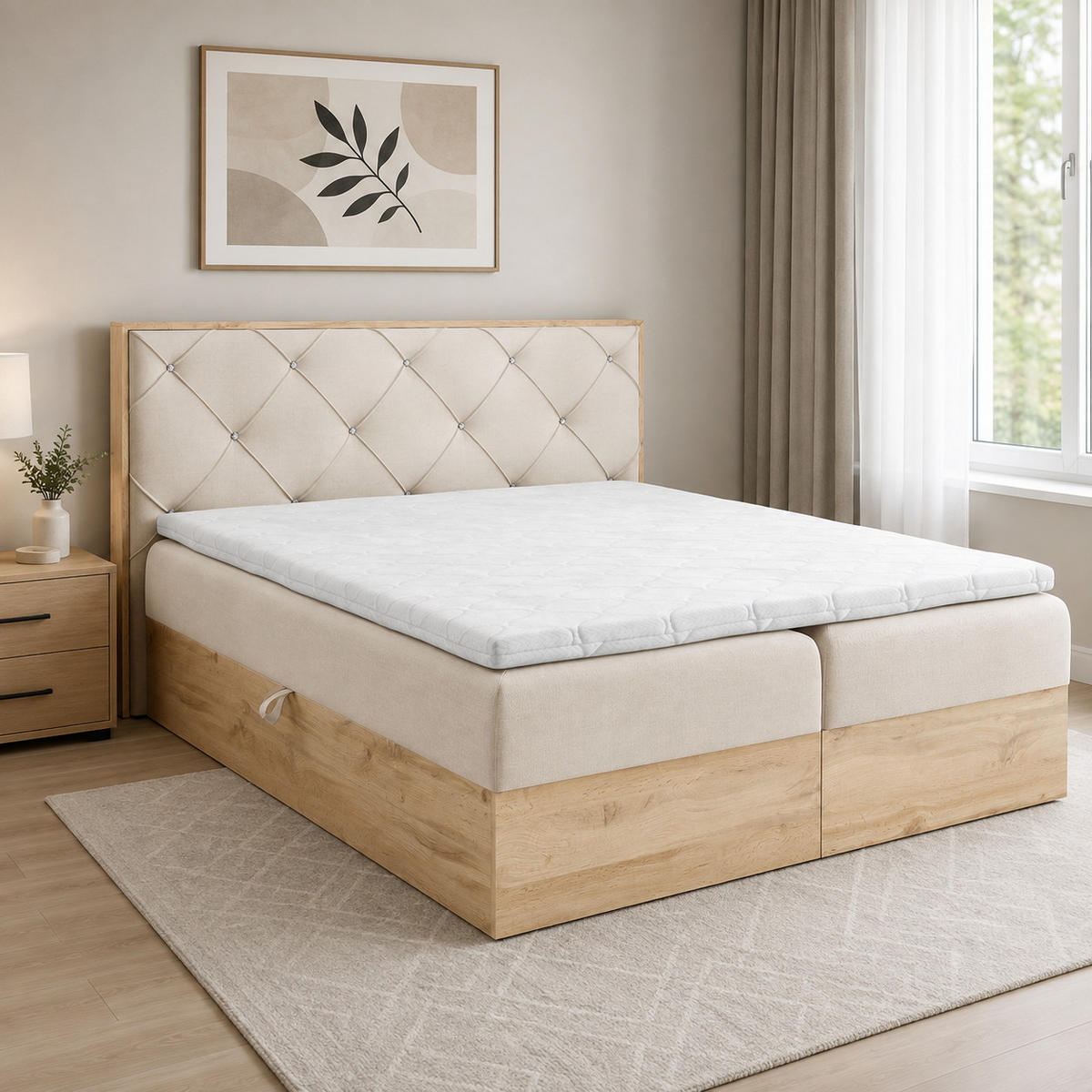 BOXBETT Holzoptik Sonoma Eiche mit Topper 120x200 cm Creme - Creme, Textil (120/200cm) - Home Collective