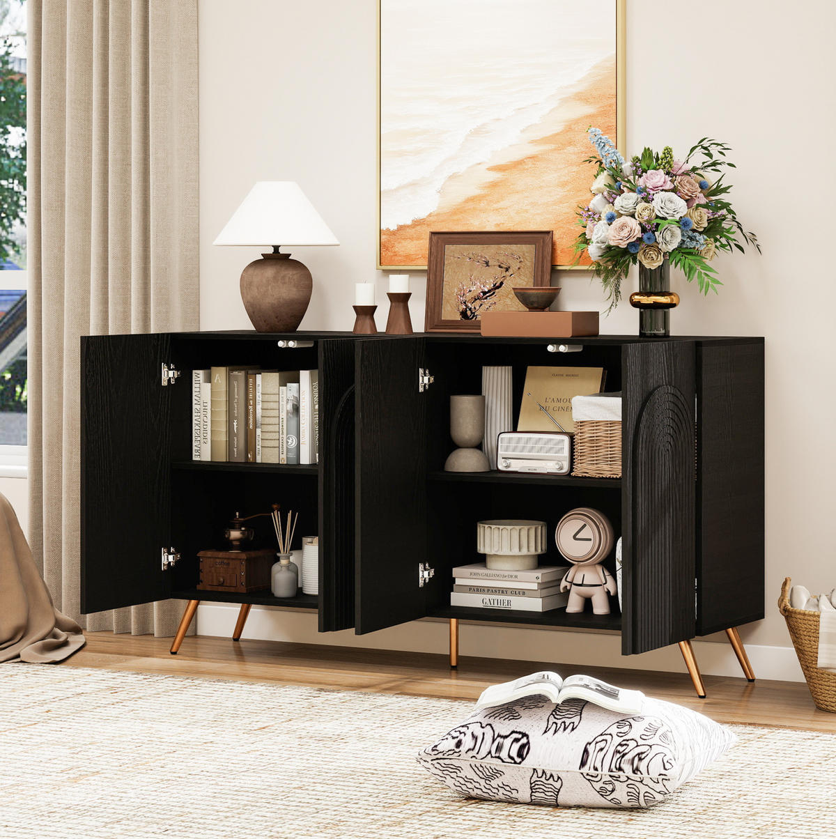 SIDEBOARD aus Holzwerkstoff 150x38x83 cm Schwarz mit verstellbaren Einlegeböden, 3D-Vertikalrillen und Bogentüren - Schwarz, Holzwerkstoff (150/83/38cm) - Modfu