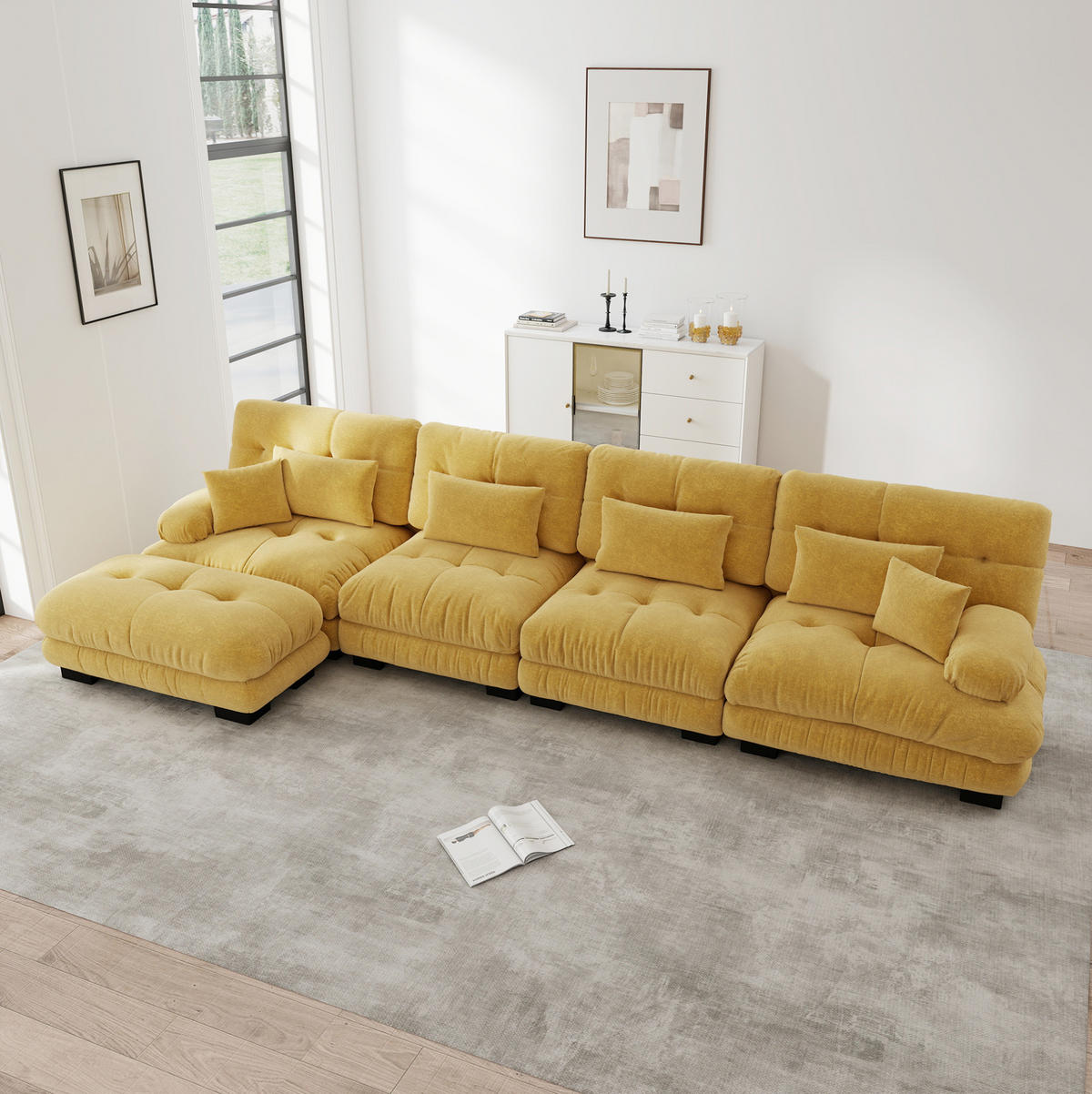 ECKSOFA aus Chenille in Gelb mit beweglichem Ottoman - Gelb, Textil (145/81/406cm) - Modfu