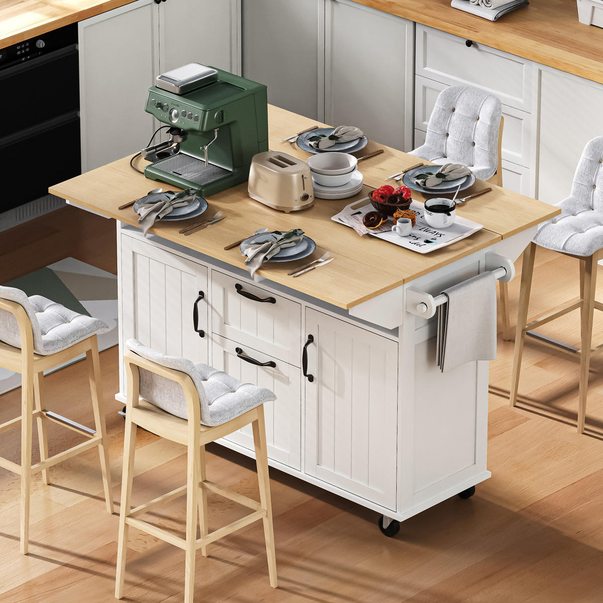 KÜCHENINSEL in Weiß und Naturfarbe Servierwagen mit Schubladen für Esszimmer und Küche, B120/T80/H92 cm - Naturfarben/Weiß, Holzwerkstoff/Metall (120/92/80cm) - STILVORA