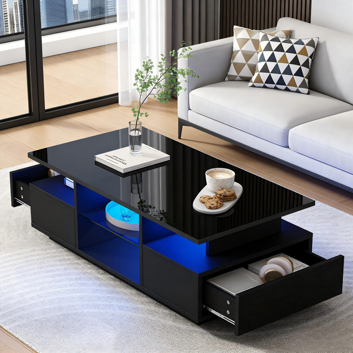 COUCHTISCH LED Schwarz 2 Schubladen Glas 100x50x36cm - Schwarz, Holzwerkstoff (100/50/36cm) - FLIEKS