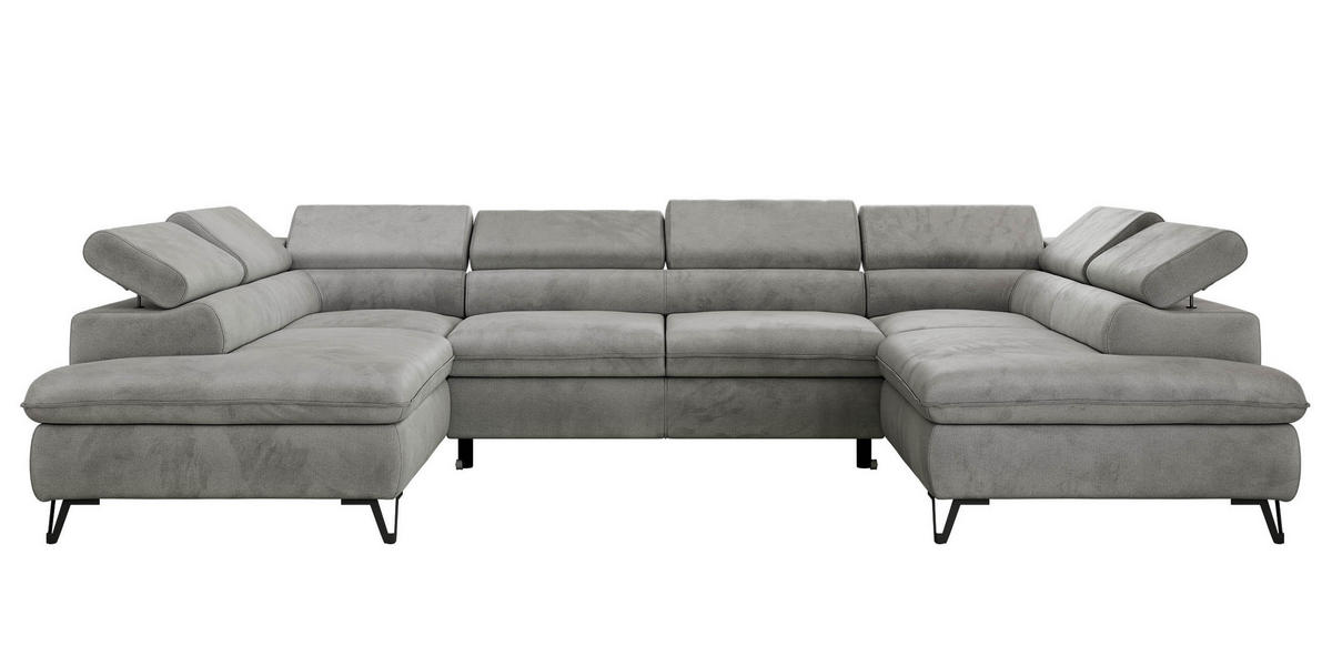 WOHNLANDSCHAFT PABLO U Velvet Hellgrau mit Topper Visco - Hellgrau/Schwarz, Textil/Metall (346/76/208cm) - MKS