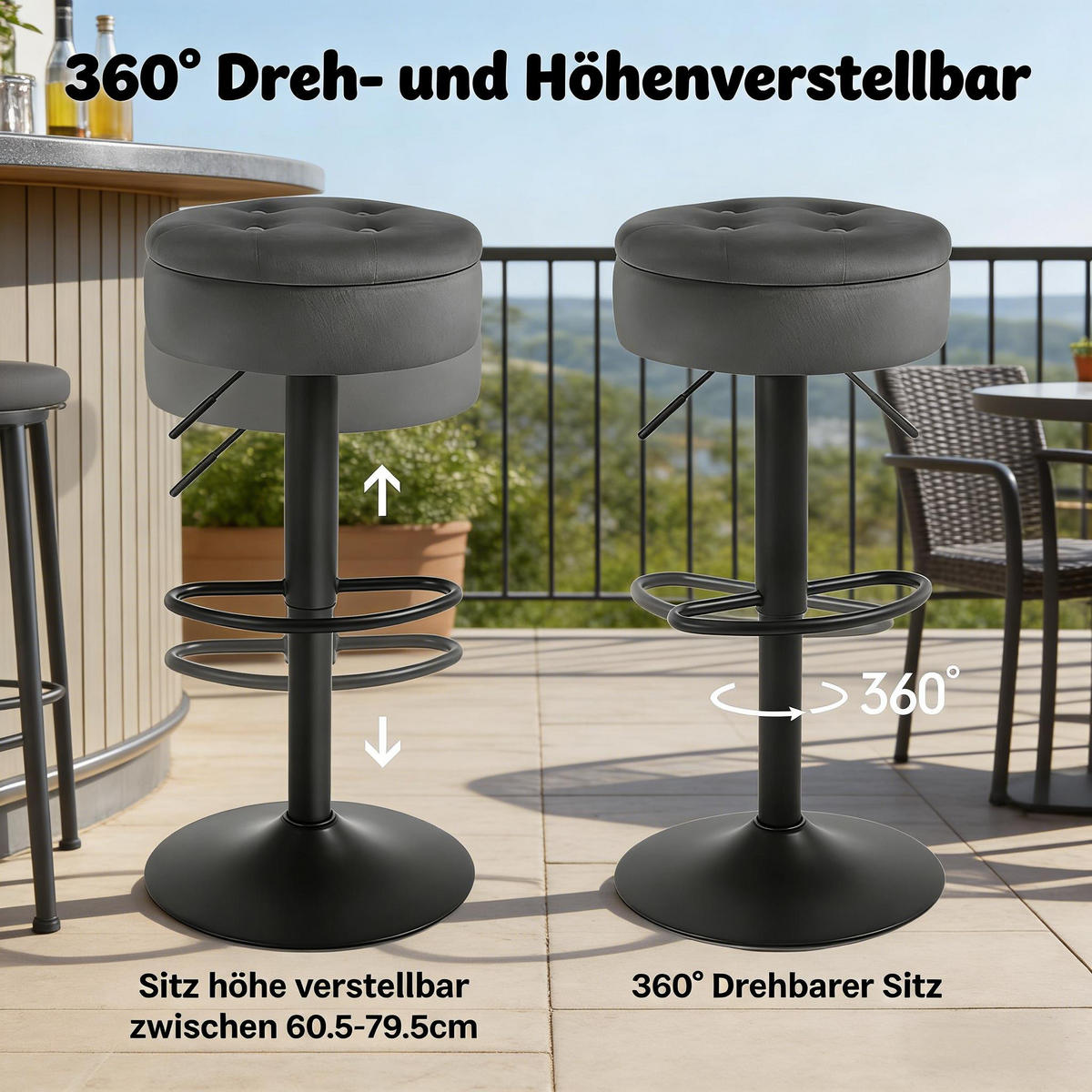 BARHOCKER 1er-Set Dunkelgrau Samt mit Aufbewahrungsraum & Höhenverstellbar - Dunkelgrau, Metall (39/79.5/39cm) - PANGIVO