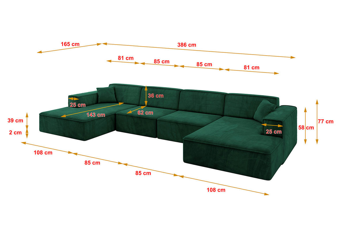 WOHNLANDSCHAFT IREA-U2-v4 - 386x165x77 cm Grün - Dunkelgrün, Holzwerkstoff/Textil (386/77/165cm) - ALTDECOR