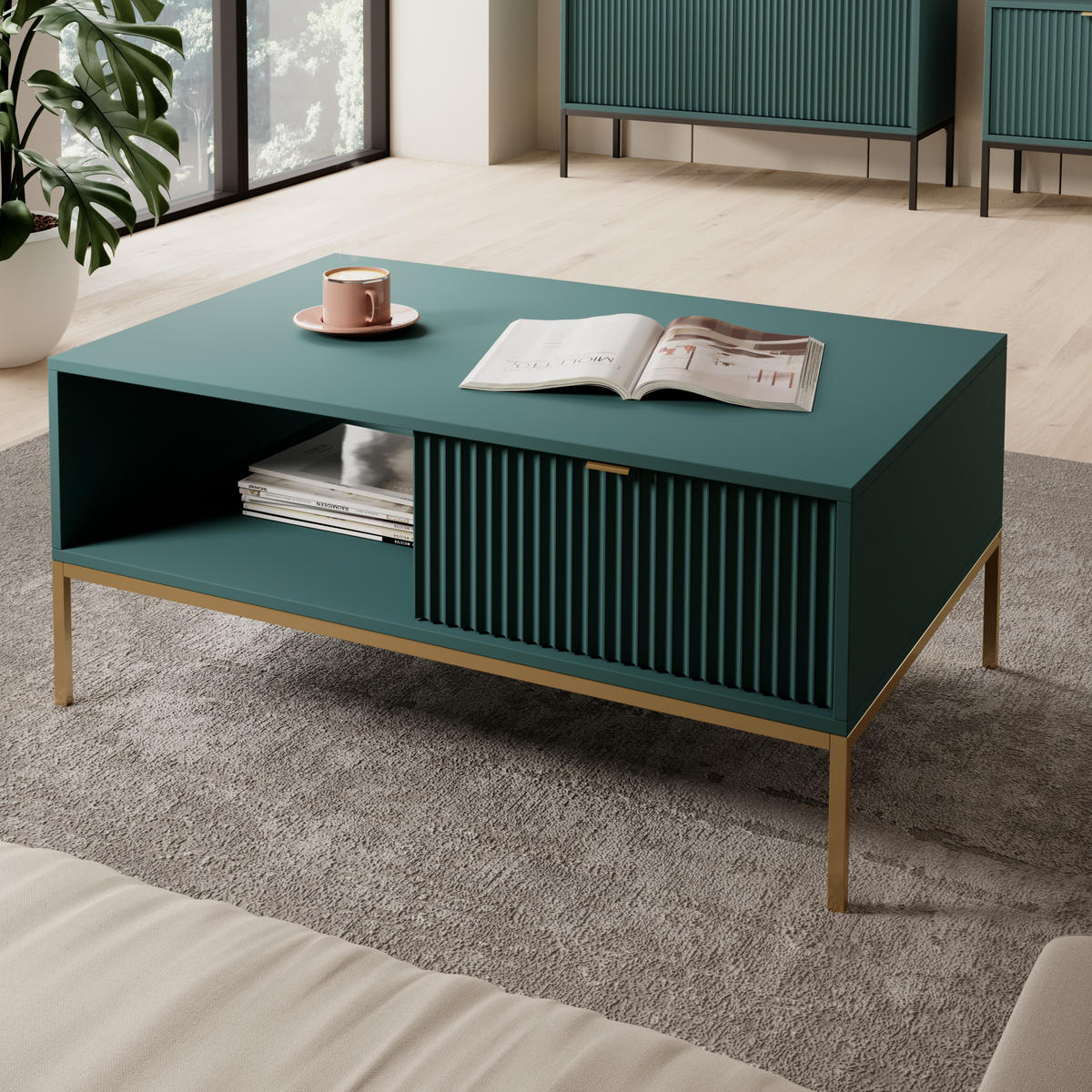 COUCHTISCH Kioto 104 cm in Grün mit Schubladen und Metallbeinen - Kaschmir/Goldfarben, Holzwerkstoff/Metall (68/104/46cm) - Ravio