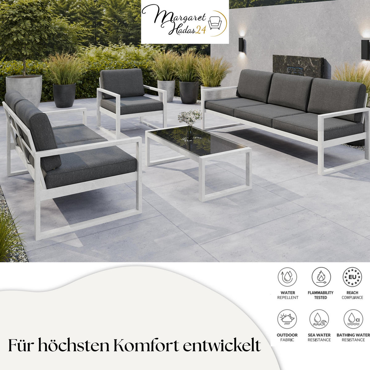 GARTENSET Madera für 6 Personen Balkonmöbel Aluminium Terassenmöbel Sitzbank, 4-tlg. Tisch, weiß, dunkelgrau - Dunkelgrau/Weiß, Kunststoff/Metall - Margaret Hadas24
