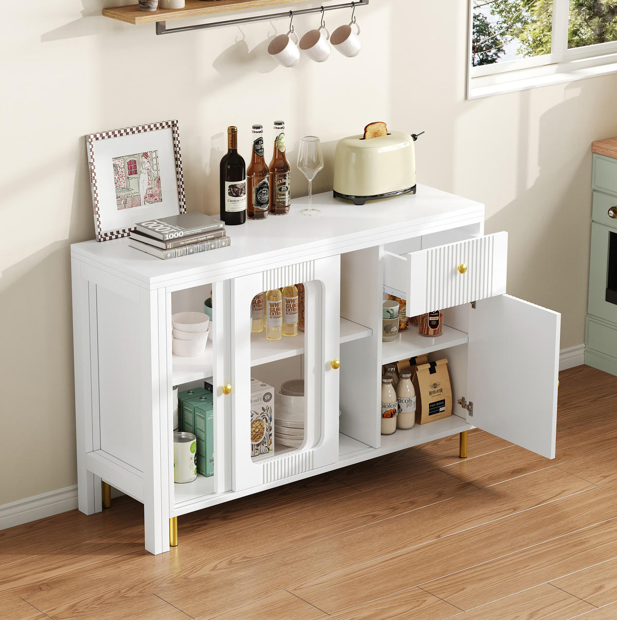 SIDEBOARD 116/40/78,5 cm mit ausklappbarer Tischplatte, Schiebetüren aus Glas und MDF-Korpus, Weiß - Weiß, Holzwerkstoff (116/78/40cm) - Redom