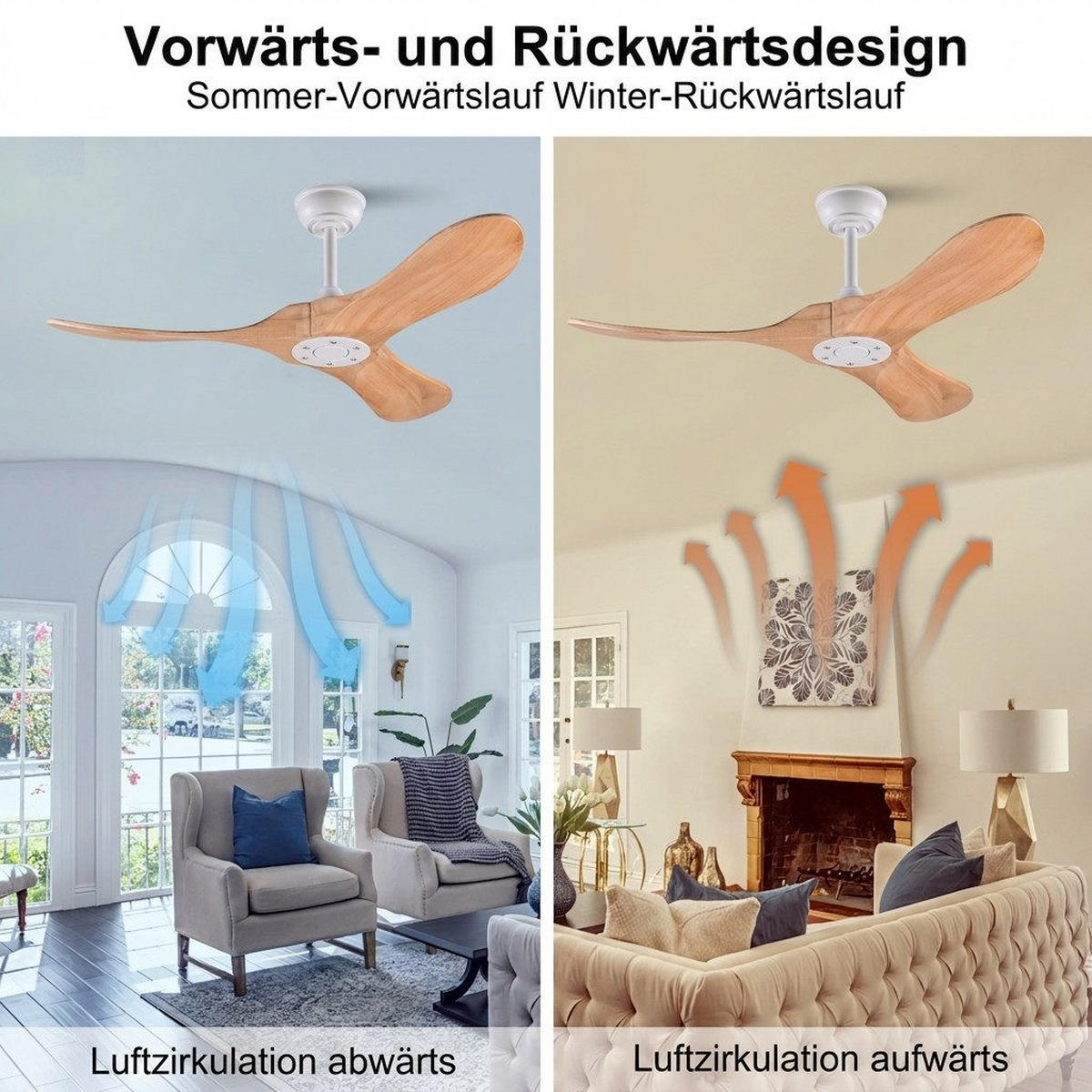 DECKENVENTILATOR & 3 Holzflügeln, Speicherfunktion, Fernbedienung - Weiß, Holzwerkstoff (107/107/51cm) - BEXEVUE