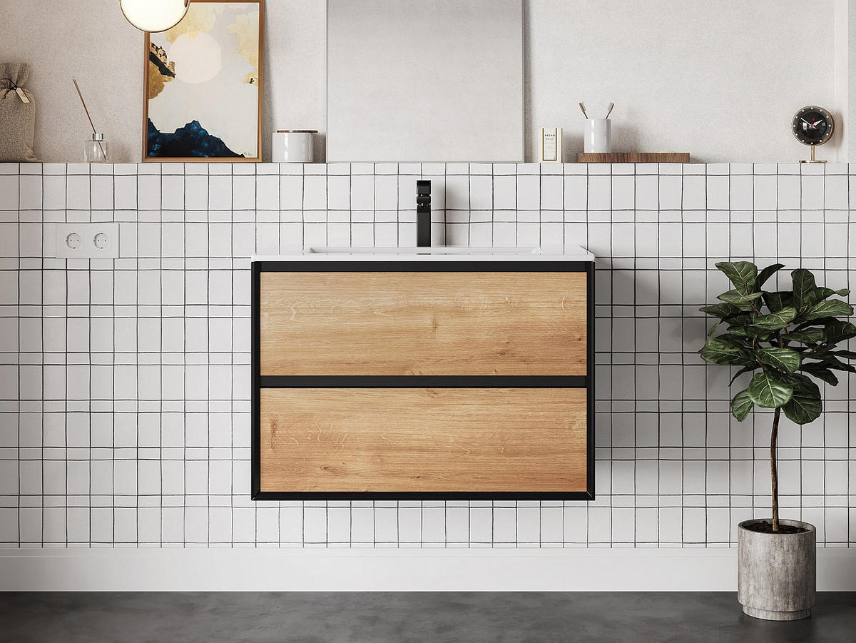 WASCHBECKENUNTERSCHRANK hängend - 80 cm - Holzfarben & Schwarz - LANNICK - Schwarz, Holz (80/55/45.6cm) - Vente-Unique