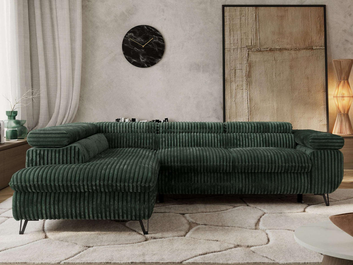 ECKSOFA PABLO L Grün Cord - Links Seite mit Visco Topper - Schwarz/Grün, Textil/Metall (208/273cm) - MKS