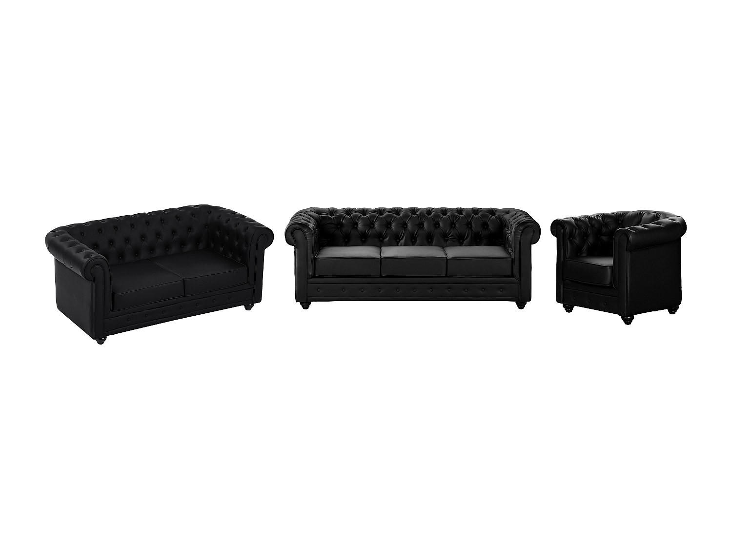 SOFAGARNITUR ohne Schlaffunktion - 6 -Sitzer - Kunstleder - schwarz - CHESTERFIELD - Schwarz, Leder (205/72/88cm) - Vente-Unique