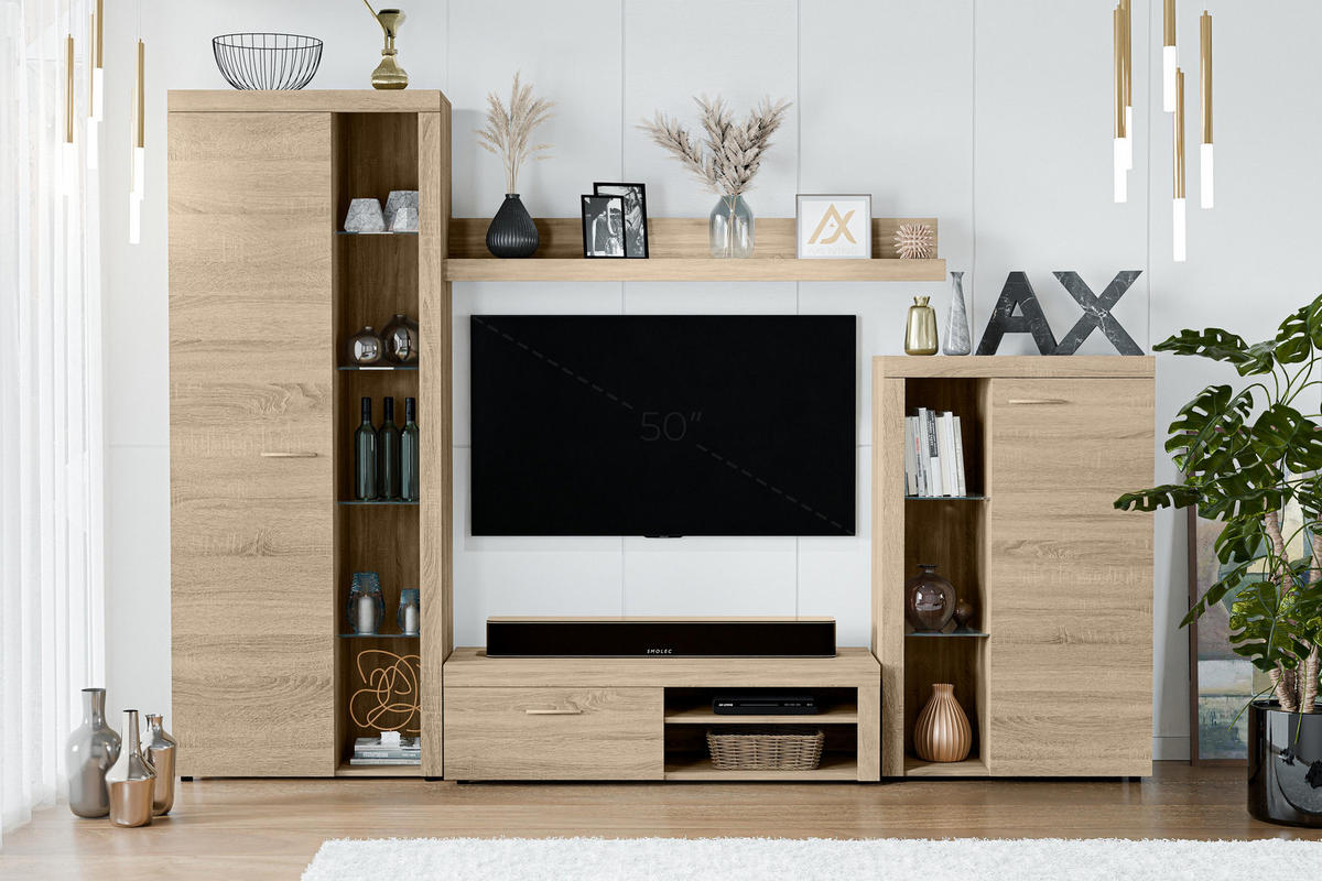 WOHNWAND Spacoro Sonoma Eiche 270/190/41 cm Wohnwand Modern ohne LED - Beige, Holzwerkstoff/Kunststoff (270/190/41cm) - AX Living