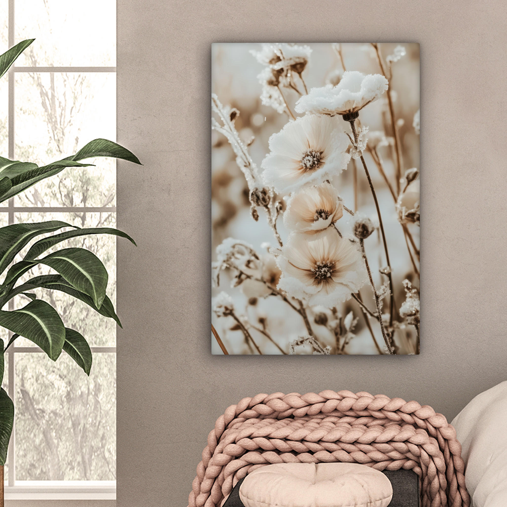 LEINWANDBILD Blumen - Winter - Weiß - Schnee - Beige 40x60 cm - Creme, Textil (40/60cm) - MuchoWow