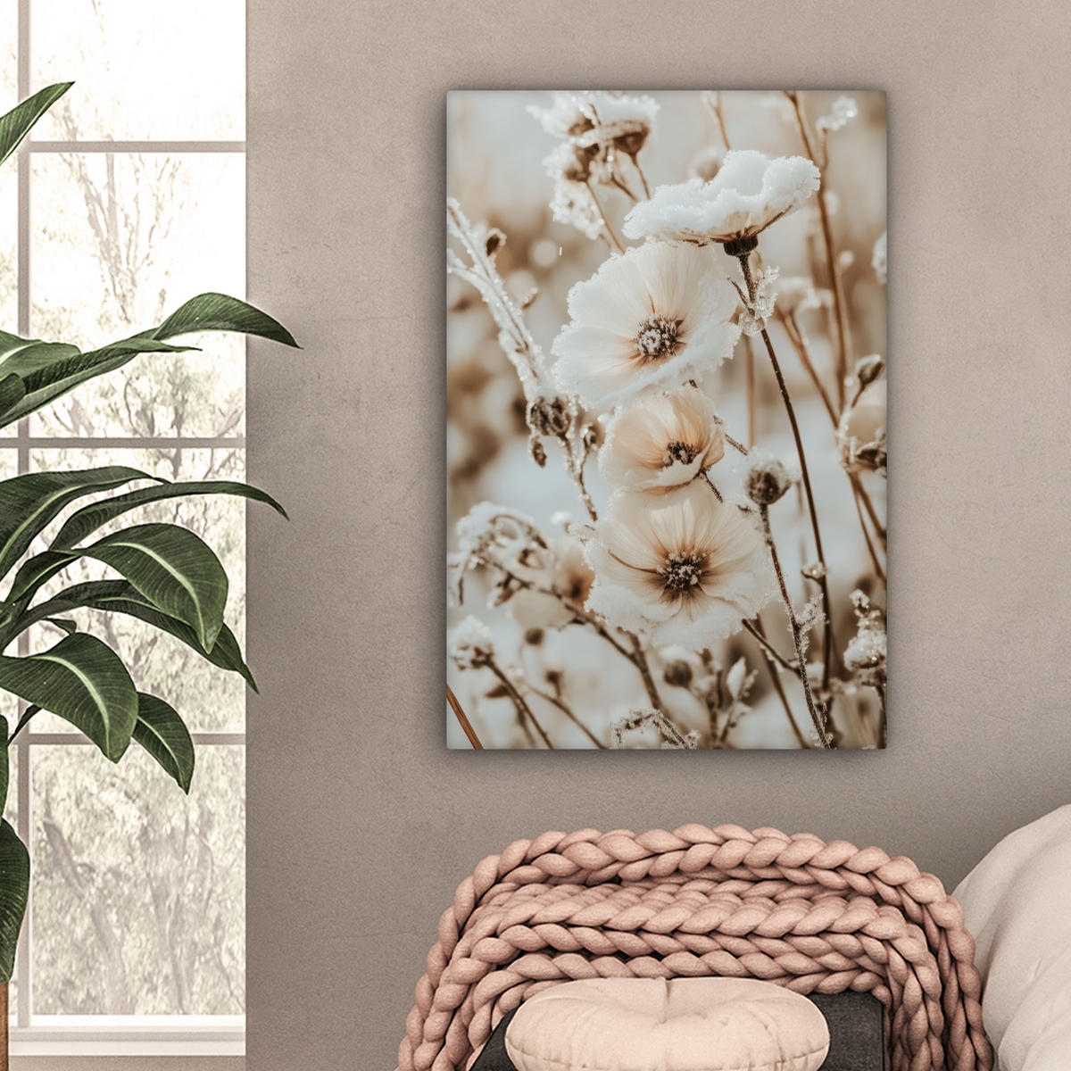 LEINWANDBILD Blumen - Winter - Weiß - Schnee - Beige 40x60 cm - Creme, Textil (40/60cm) - MuchoWow