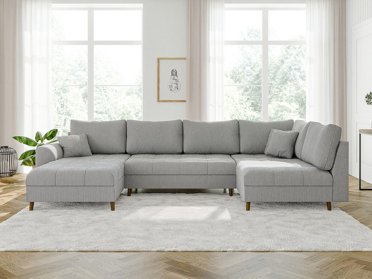 WOHNLANDSCHAFT inkl. Hocker Alma Hellgrau Cord - Hellgrau/Braun, Holz/Textil (310/81/161cm) - S-Style Möbel