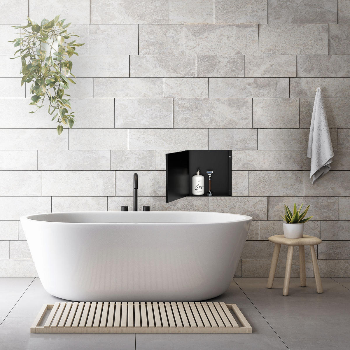 SPRCHOVÁ NIKA z nerezové oceli s obkladovými dvířky, černá, 25,5/25,5 cm - černá, kov (30/10/30cm) - LuxeBath