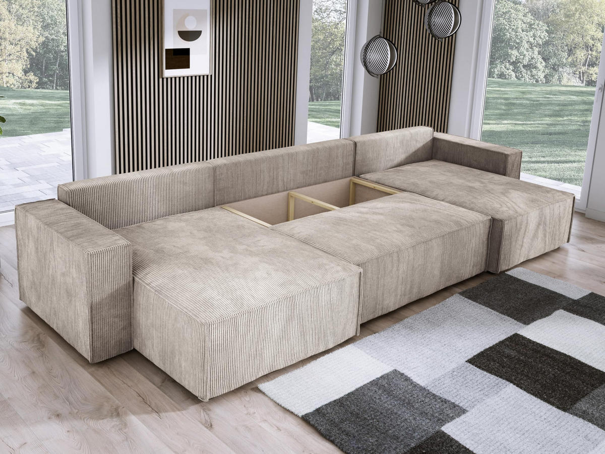 ECKSOFA Poso XXL U-förm, Schlaffunktion, weiche Kissen, Bettkasten, hochwertige Polsterung, lose Rückenkissen, freistehend, 377x143x83 cm Beige - Beige, Holz/Textil (377/83/143cm) - DomoHome