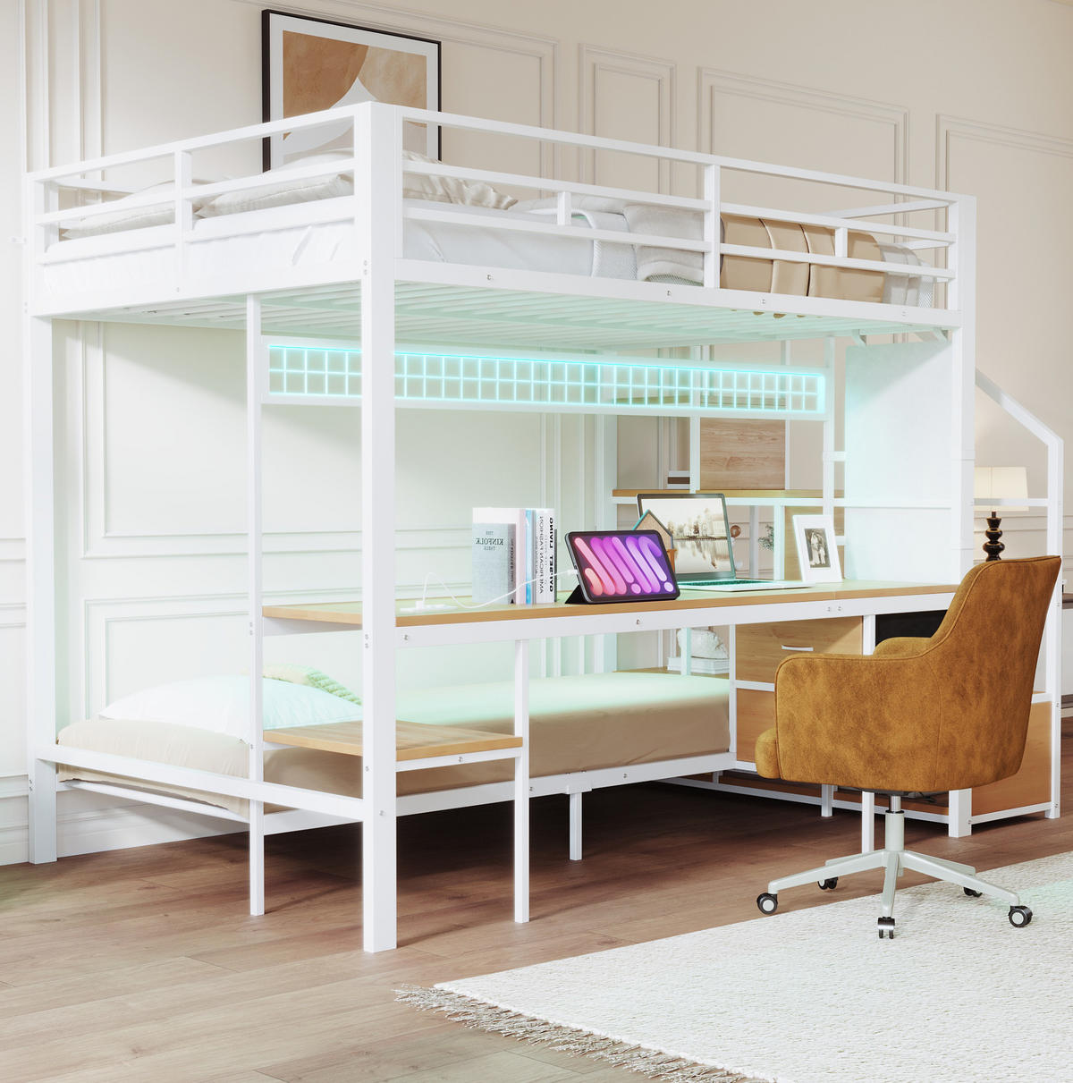 HOCHBETT mit Schreibtisch 140/200 cm in Weiß – mit Unterbett 90/200 cm - Weiß, Metall (140/200cm) - BEAOK