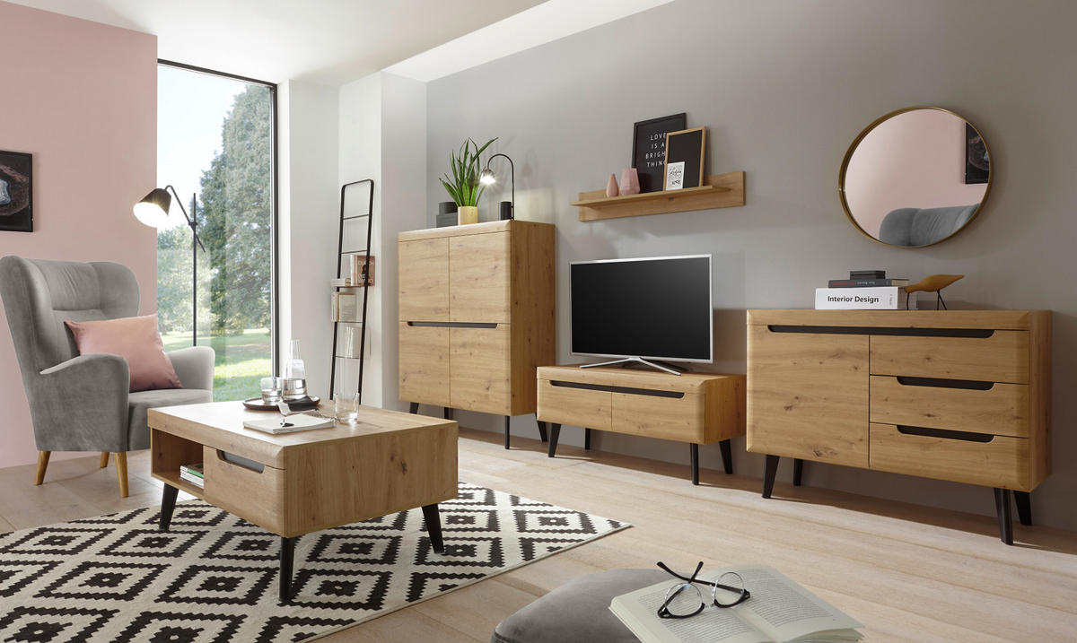 WOHNWAND Artisan Eiche schwarz, Wohnkombination 4-teilig skandinavisch, 361 x 170 cm - Schwarz/Eiche Artisan, Holz/Holzwerkstoff (361/170/40cm) - Furn.Design