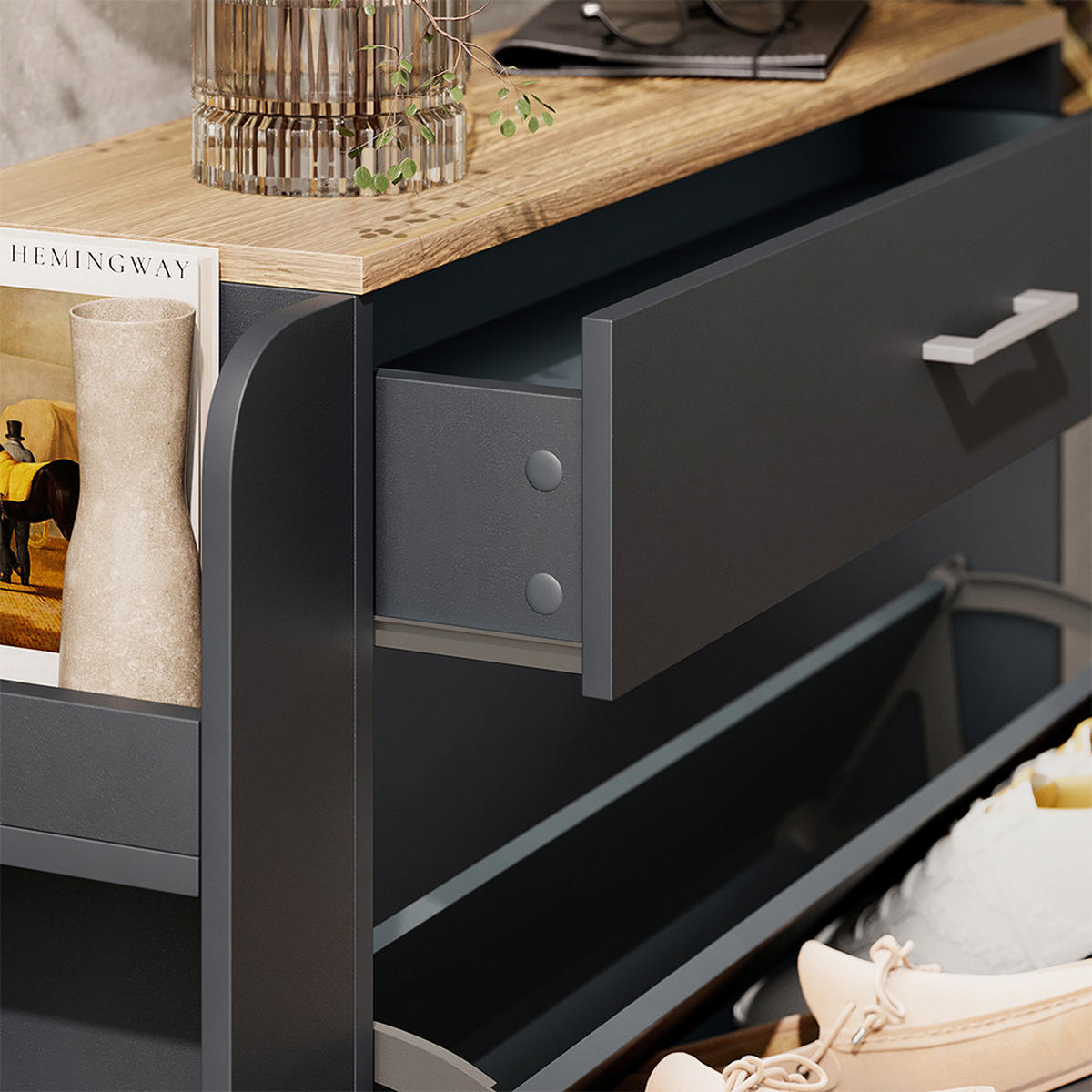 SCHUHSCHRANK Movino Anthrazit/Eiche 88.4 x 101.6 cm mit offenen und geschlossenen Fächern - Eichefarben/Anthrazit, Holzwerkstoff (88.4/101.6/23.6cm) - Vicco