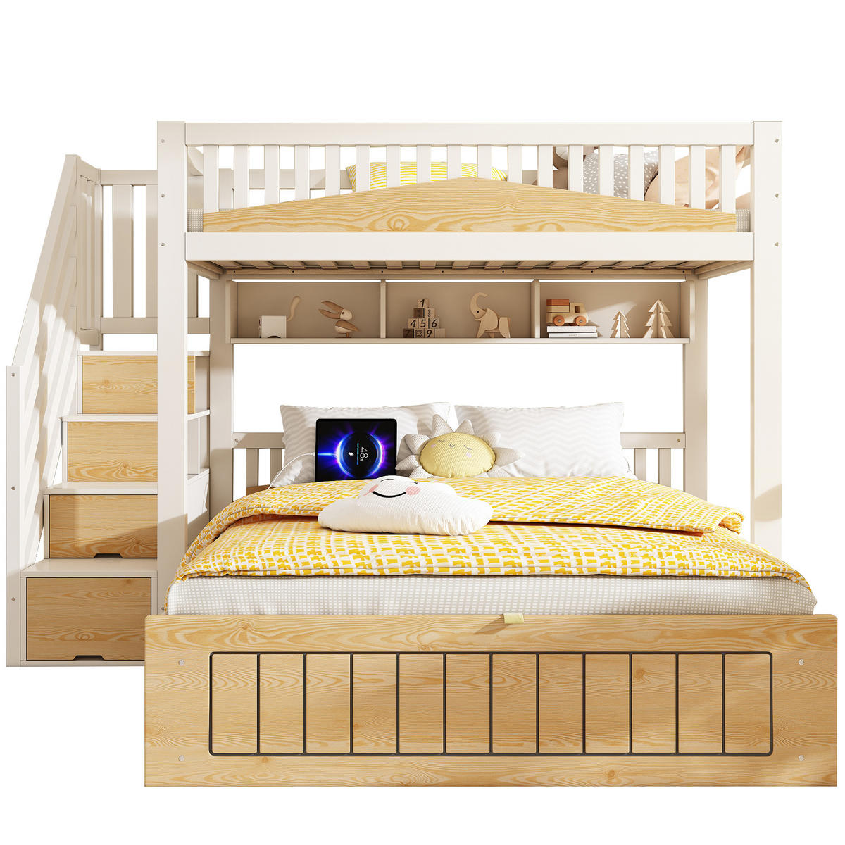 ETAGENBETT 90/140/200 cm mit Stauraum, Treppenschrank und USB/USB-C, Weiß/Natur - Weiß, Holzwerkstoff (90/200cm) - Redom