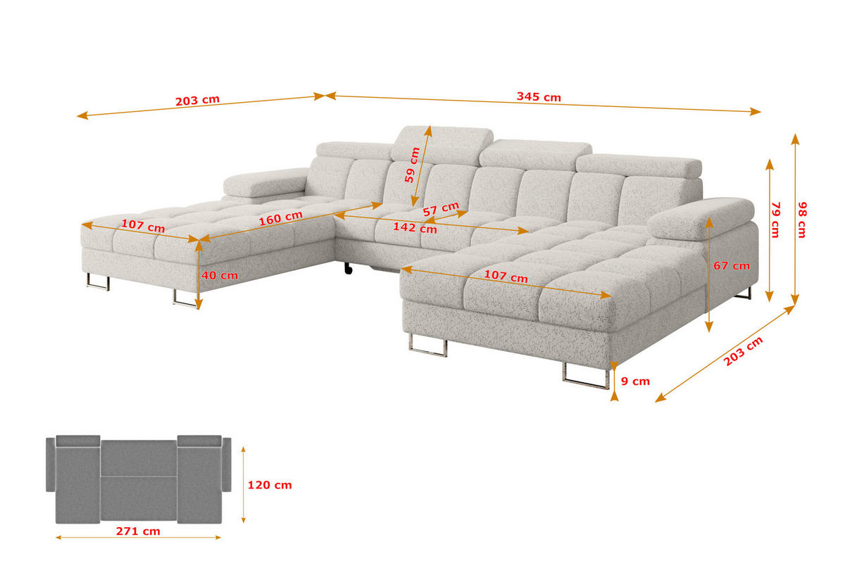 WOHNLANDSCHAFT mit Schlaffunktion und Bettkasten COMA U2 345x203x79 Hellgrau Velours - Hellgrau, Holzwerkstoff/Textil (345/79/203cm) - ALTDECOR