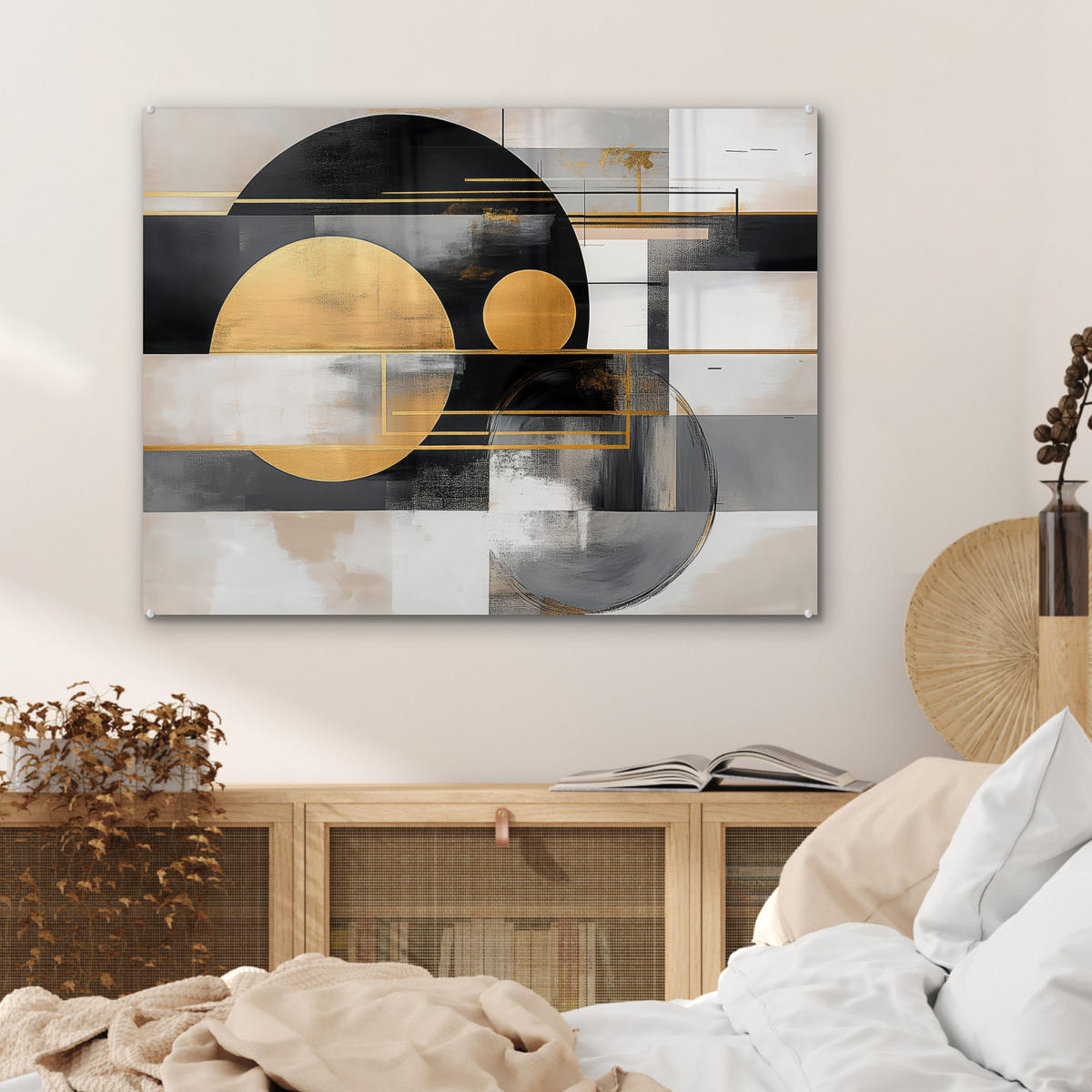 ACRYLGLASBILD Abstrakt - Gold - Silber - Formen - Ästhetisch - Modern 80x60 cm - Goldfarben, Glas (80/60cm) - MuchoWow