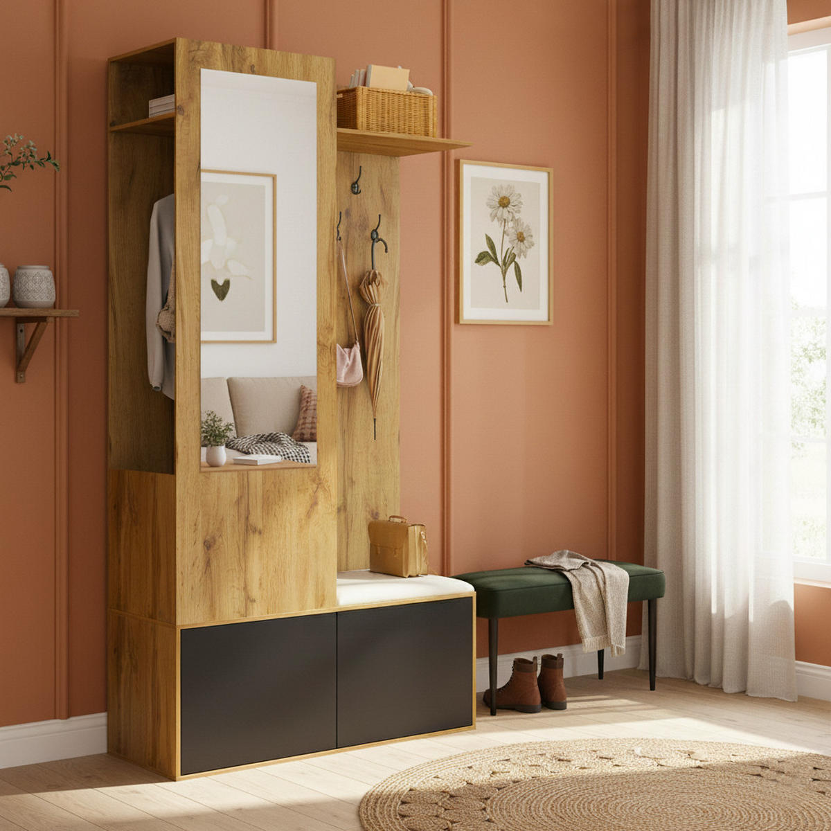 GARDEROBEN-SET 100 cm Schwarz & Natur – Kompaktgarderobe mit Spiegel, Schuhbank & versteckter Kleiderstange - Naturfarben, Holzwerkstoff (100/191/38cm) - Urban Meuble