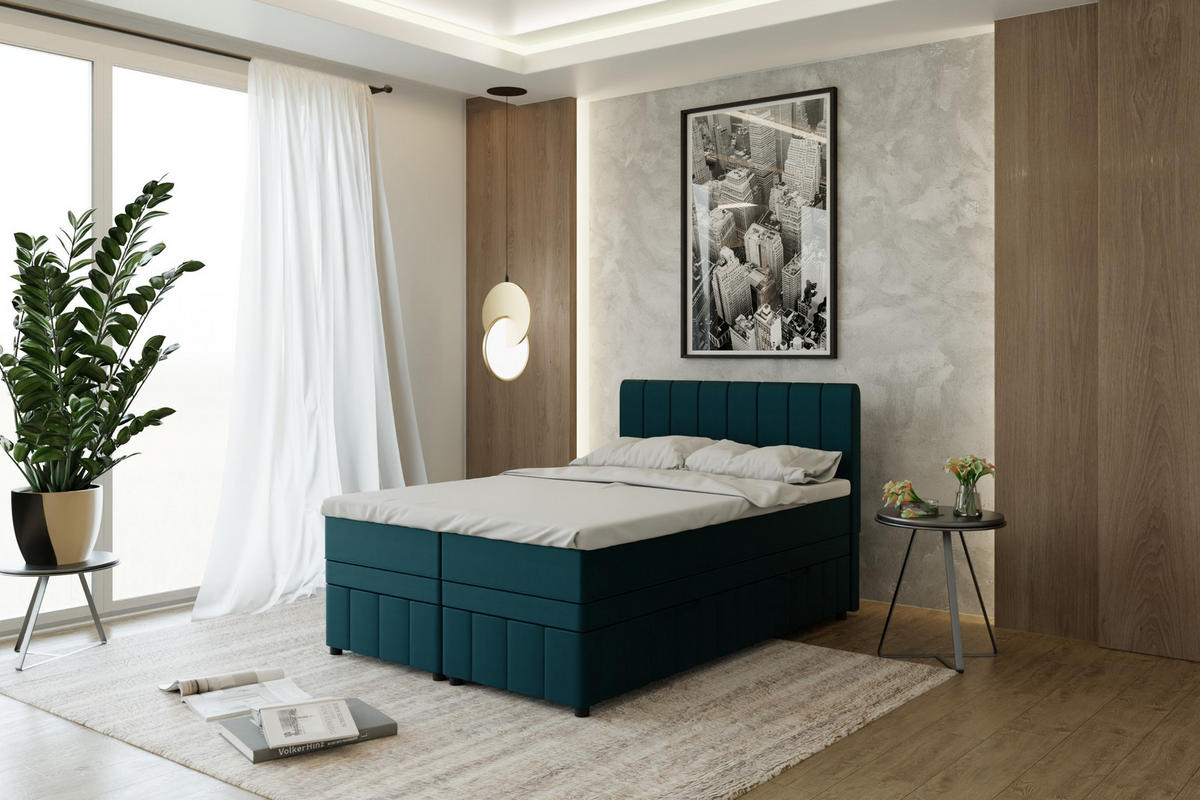 BOXBETT AVALON 140 x 200 cm mit Bettkasten und Topper - Türkis - Türkis, Holz - Panda Möbel