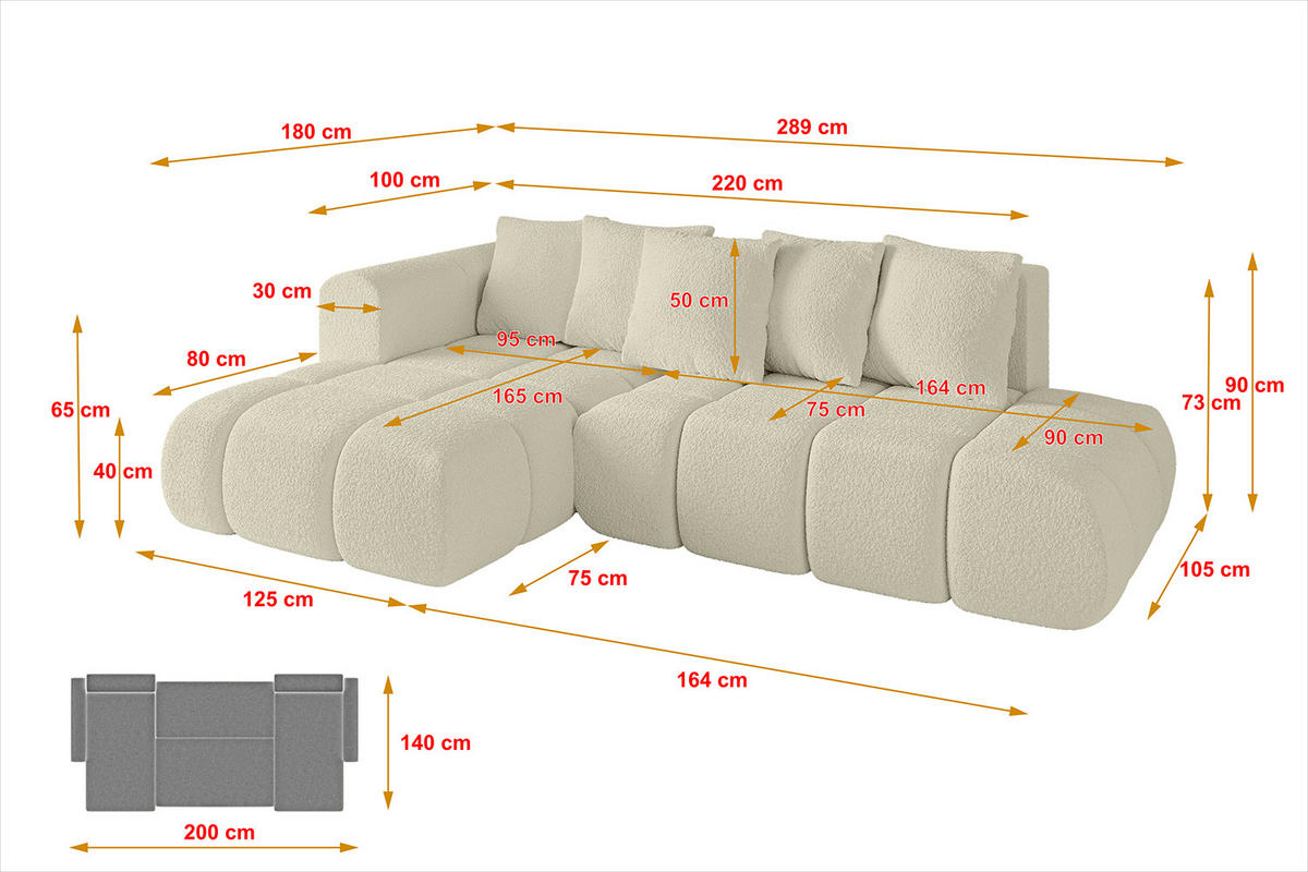 ECKSOFA Ottomane Links CLOUD-L-v1 289x180x40 Beige Bouclé - Beige, Holzwerkstoff/Kunststoff (180/289cm) - ALTDECOR