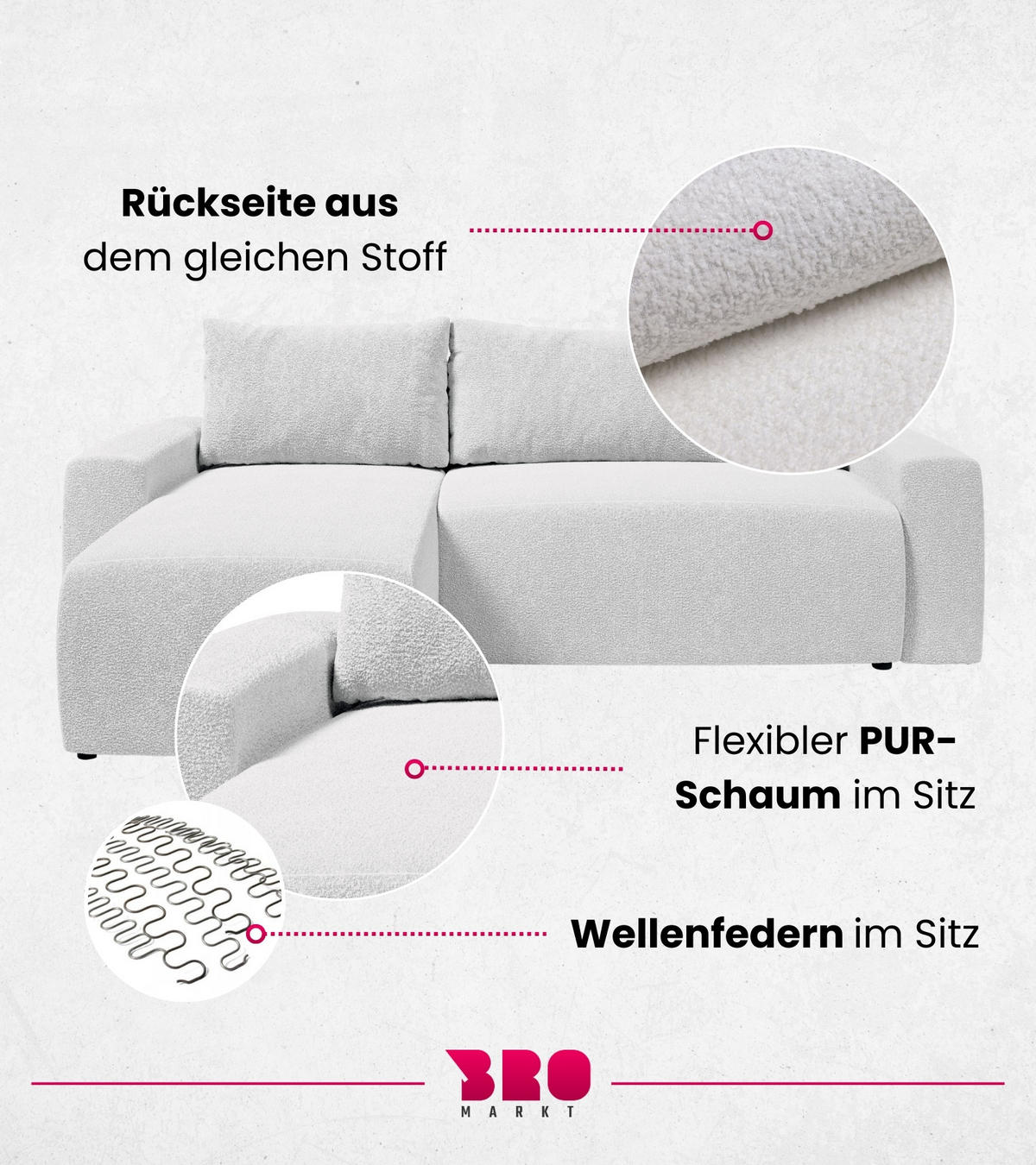 ECKSOFA PLUSH mit Schlaffunktion Hellgrau Boucle - Silberfarben, Textil (240/145cm) - Bromarkt