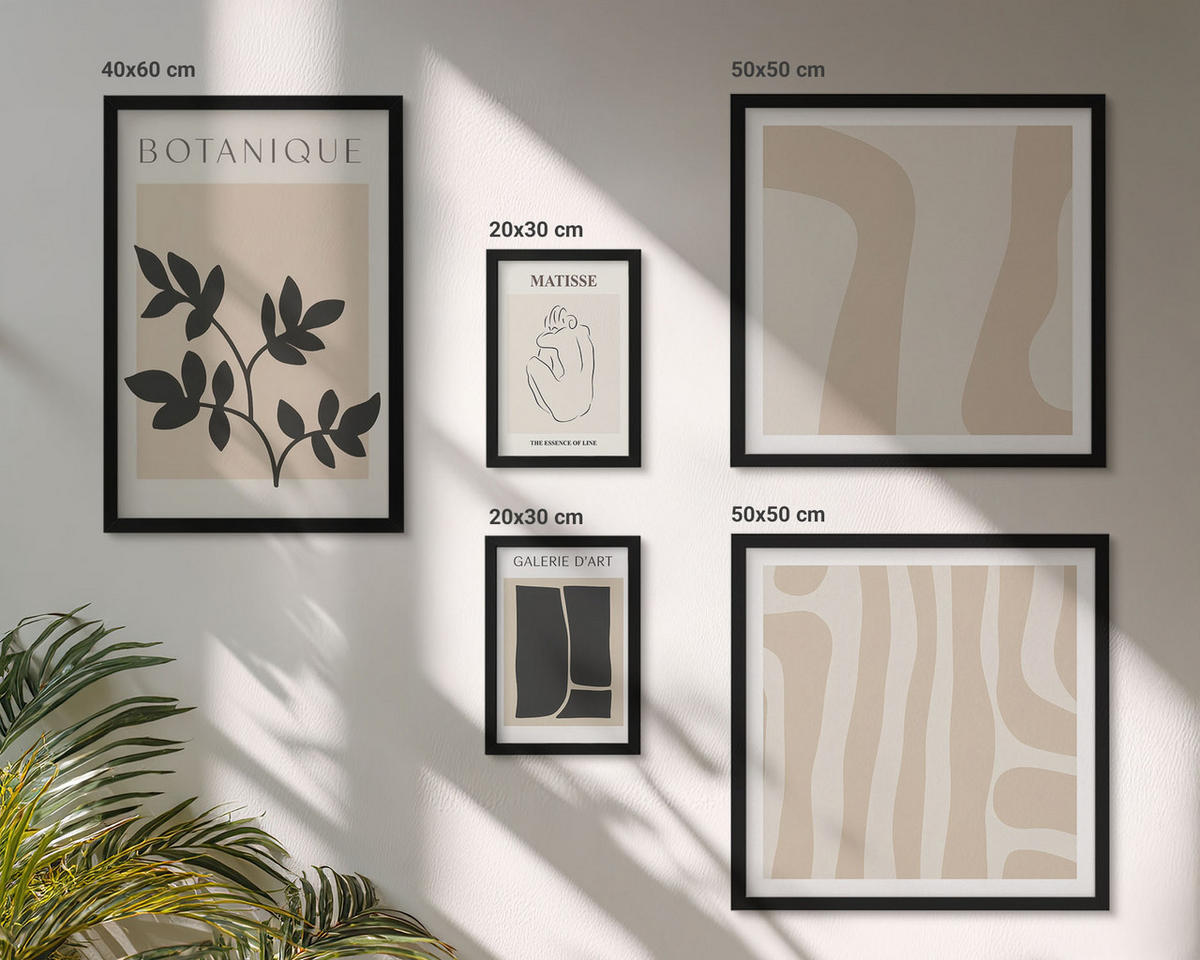 BILDER SET 5er Set - 50x50 cm & 20x30 cm & 40x60 cm Schwarzer Rahmen - Abstrakte Pflanzenmotive - Schwarz, Kunststoff (40/60cm) - TULUP