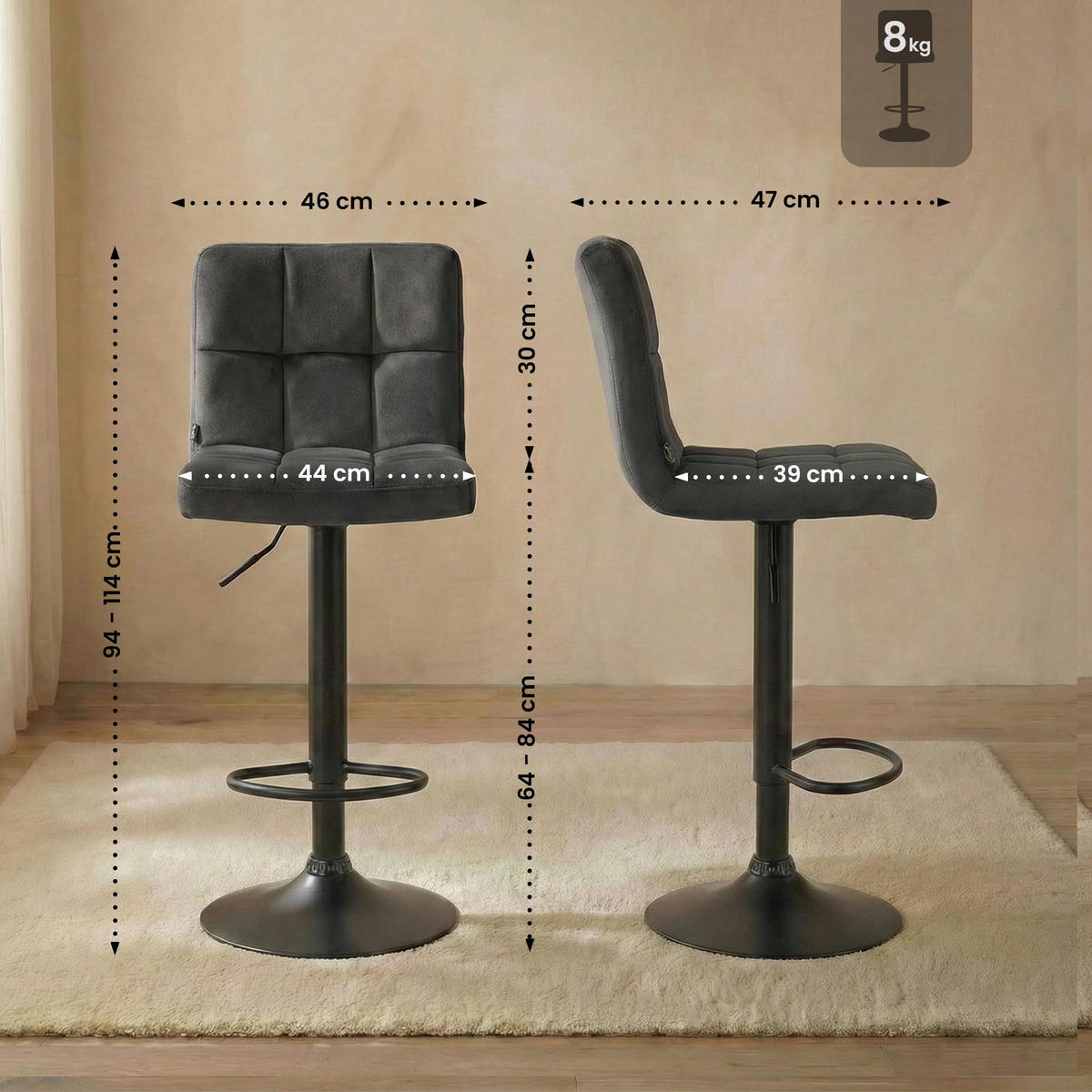 BARHOCKER Samt Dunkelgrau - Dunkelgrau/Schwarz, Textil/Metall (46/94/47cm) - CLP