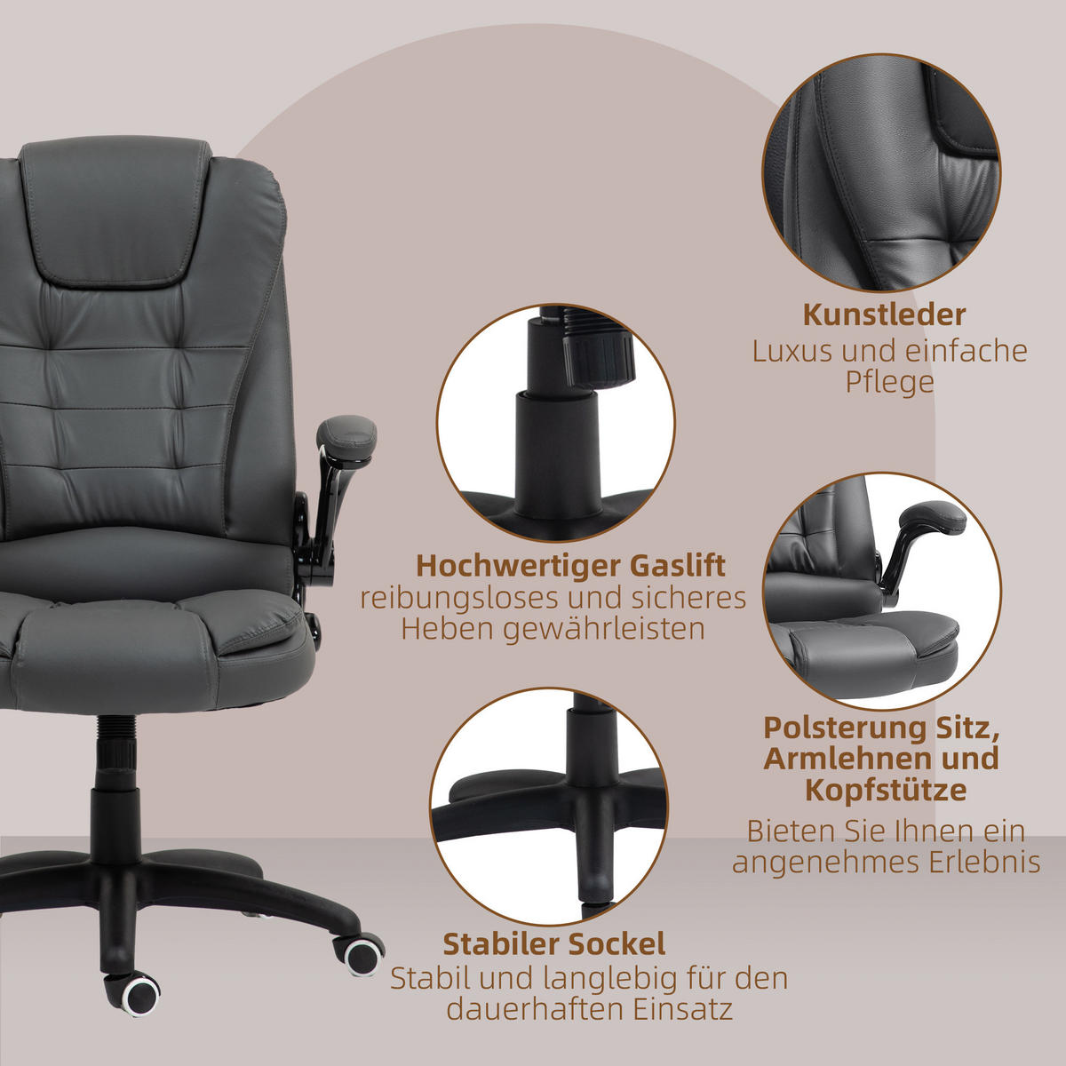 BÜROSTUHL, Ergonomisch Chefsessel mit Wippfunktion, Hochklappbare Armlehne - Dunkelgrau, Kunststoff (69/121/60cm) - HOMCOM
