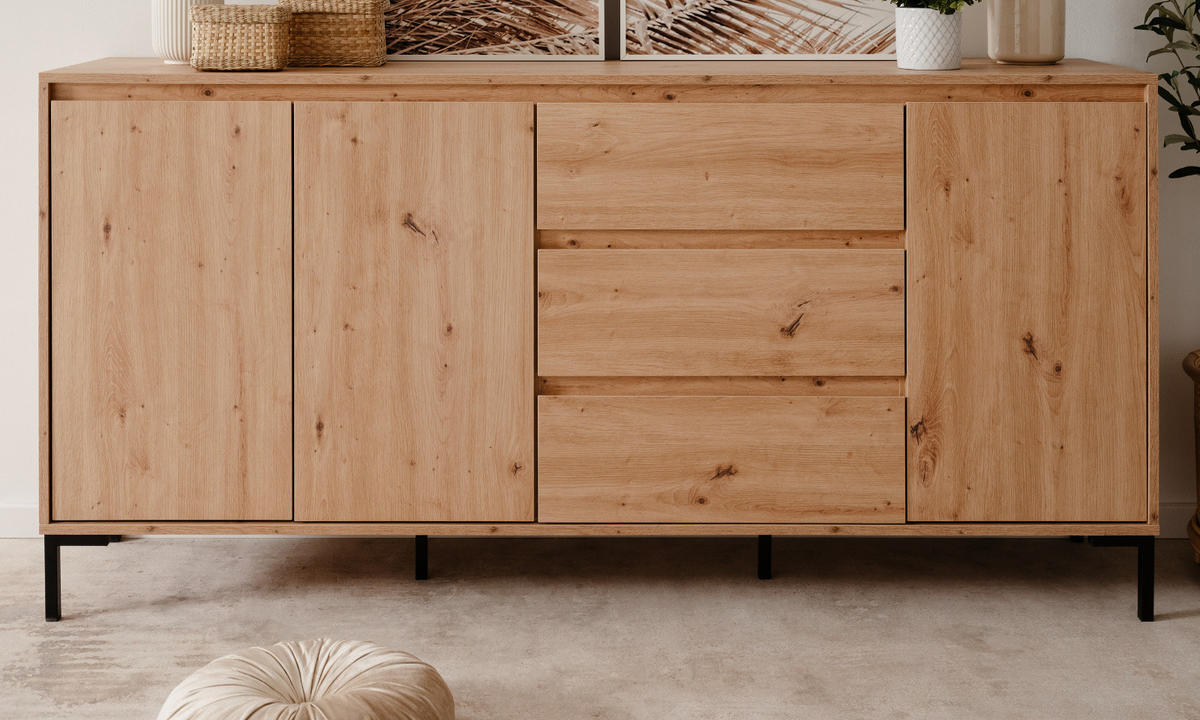SIDEBOARD Eiche Artisan 170 cm, Kommode mit viel Stauraum - Schwarz/Eiche Artisan, Holzwerkstoff/Metall (170/87/40cm) - Furn.Design