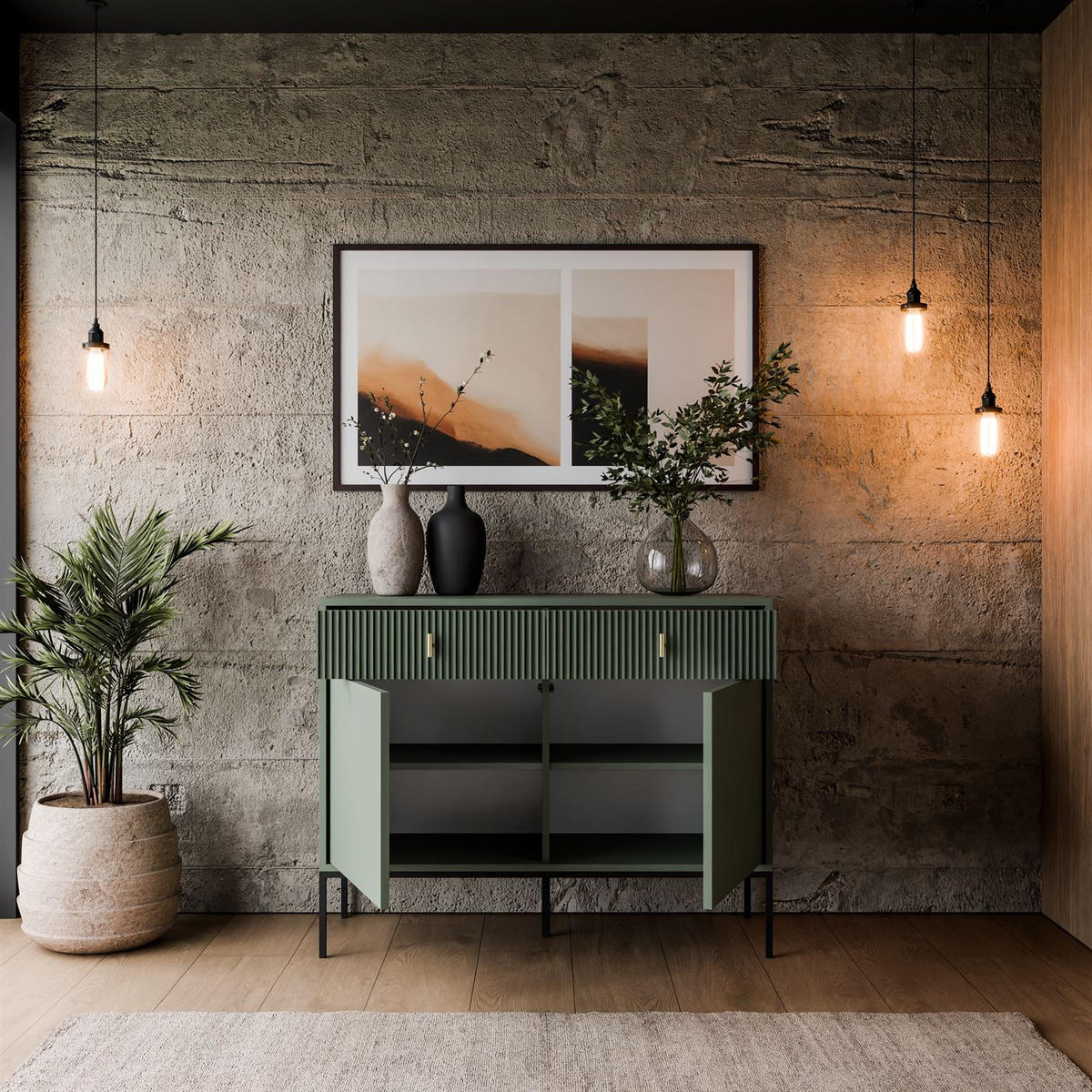 KOMMODE MIDNIGHT 2D2S mit zwei Schubladen auf Gestell grün - Schwarz/Grün, Holzwerkstoff (104/82.5/39cm) - Lookway