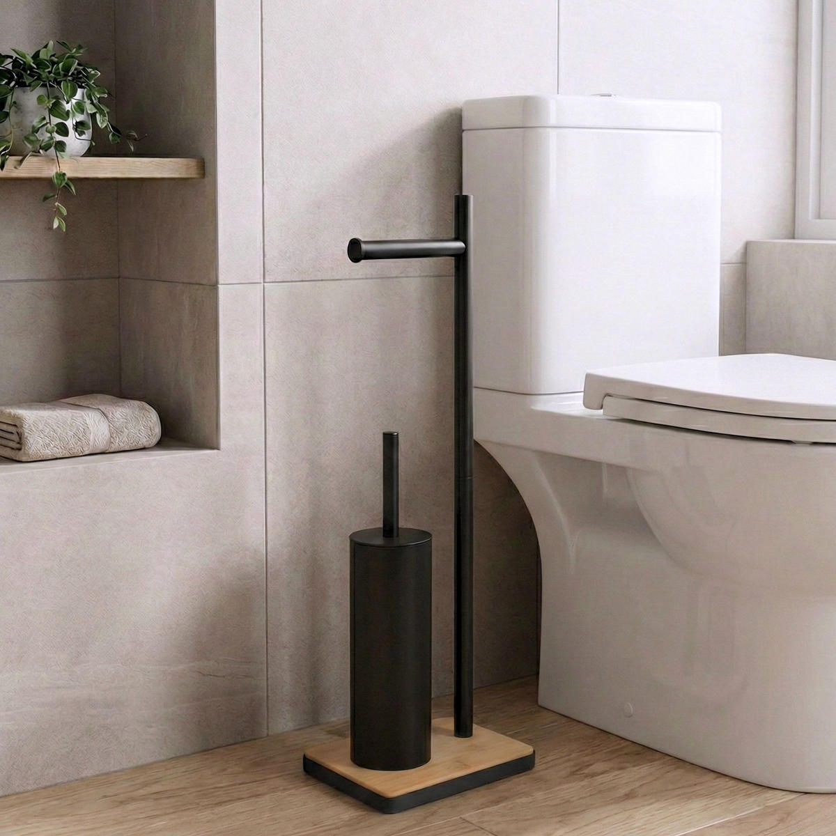 WC-BÜRSTE mit Halter für Toilettenpapier Ivlo 21/16/65 cm - Schwarz, Metall (16/65/21cm) - NUXIO