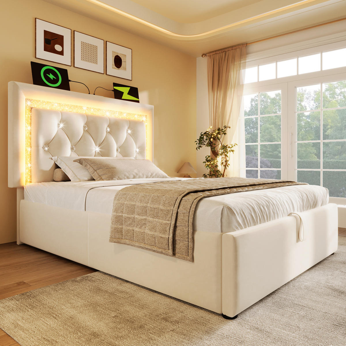 POLSTERBETT 90/200 cm aus Samt mit LED, USB-C und hydraulischem Bettkasten Beige - Beige, Textil (90/200cm) - Modenvie