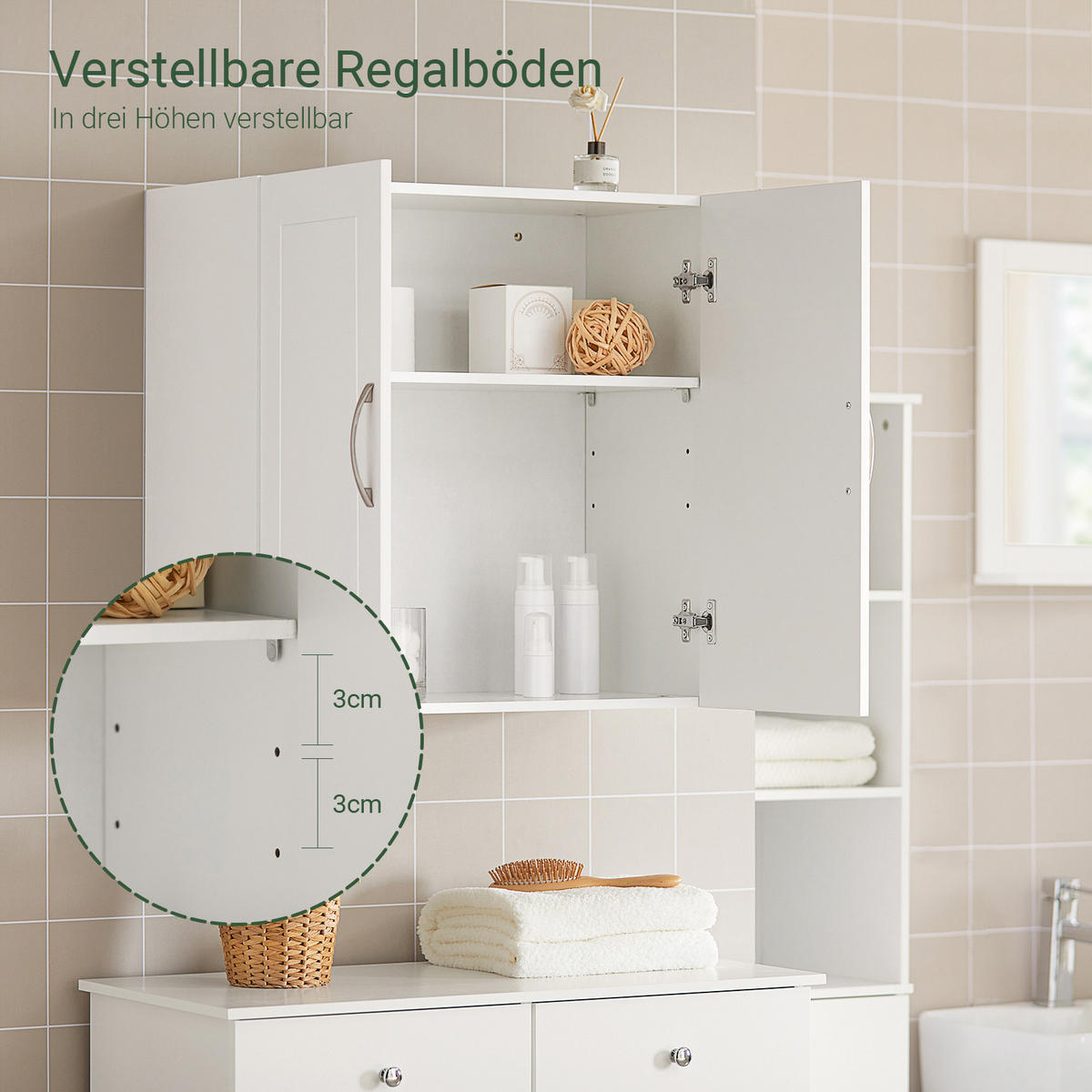 HÄNGESCHRANK mit Verstellbarem Regal, 60x60x30cm, Weiß - Weiß, Holzwerkstoff (60/60/30cm) - SoBuy