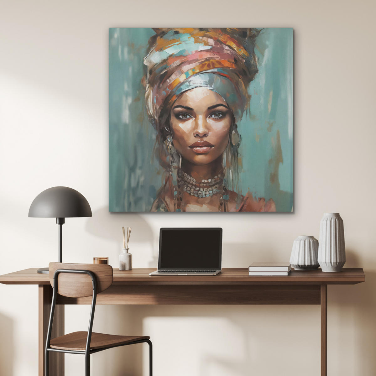 AKUSTIKPANEEL Frau - Kunst - Schmuck - Porträt 90x90 cm - Blaugrau, Textil (90/0.9/90cm) - MuchoWow