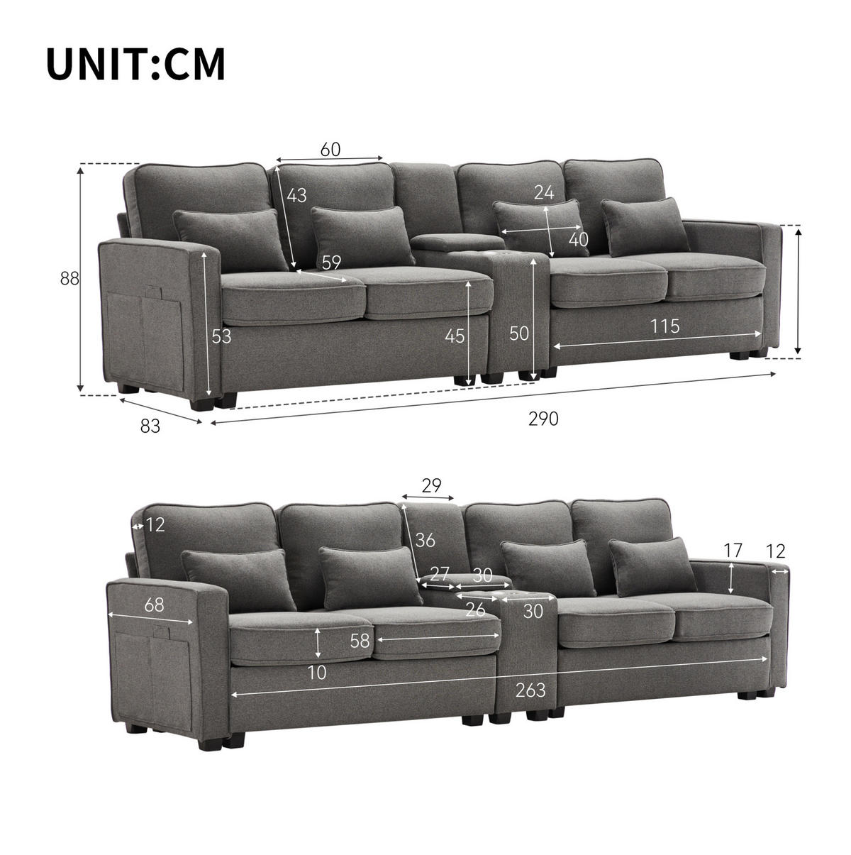 4-SITZER Sofa Leinenstoff mit Konsole USB-Anschluss und Getränkehaltern 290/83/88 cm Dunkelgrau - Dunkelgrau, Textil (88/290/83cm) - Redom