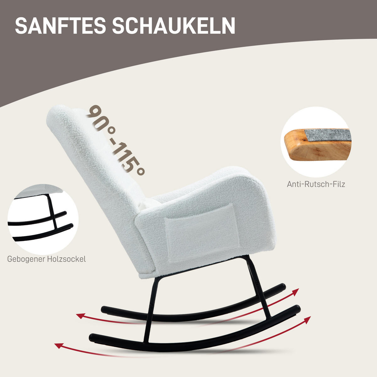 SCHAUKELSTUHL, Schaukelsessel mit Teddystoff-Optik, Armlehne, Seitentasche Weiß - Weiß, Textil (67/100/95cm) - HOMCOM