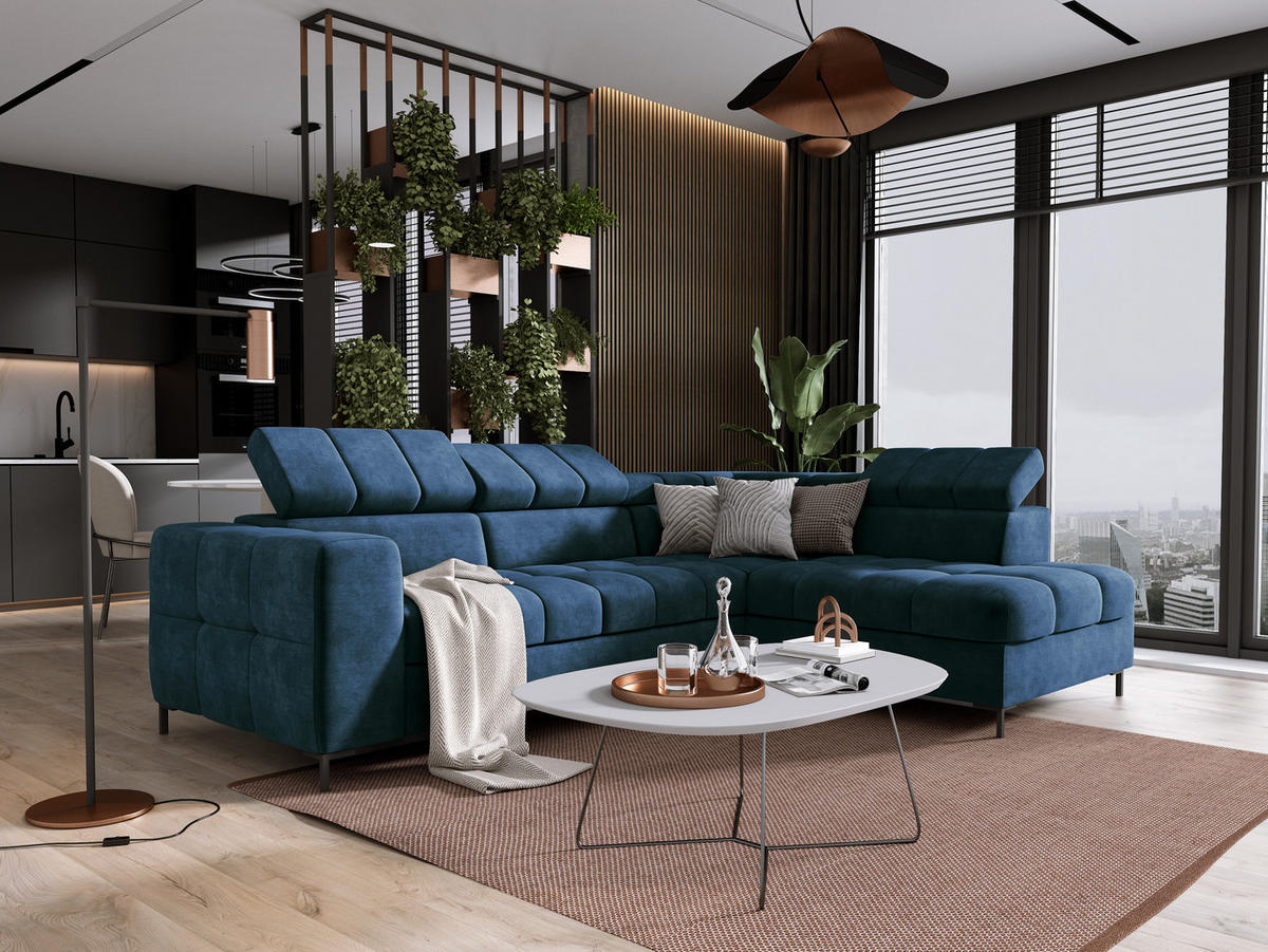 ECKSOFA PABLOS Cloud, L-förmig, Moderne, mit verstellbarem Kopfteil, Schlaf- & Lagermöglichkeiten, freistehend, RECHTS 279x201x97 cm Blue - Blau, Holz/Textil (279/201cm) - DomoHome